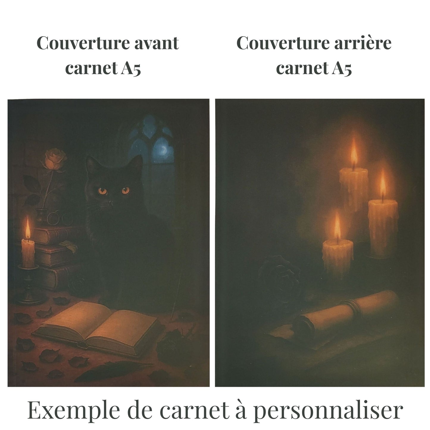 Carnet A5 qui a été personnalisé à la demande - Chat noir, rose , bougeoirs