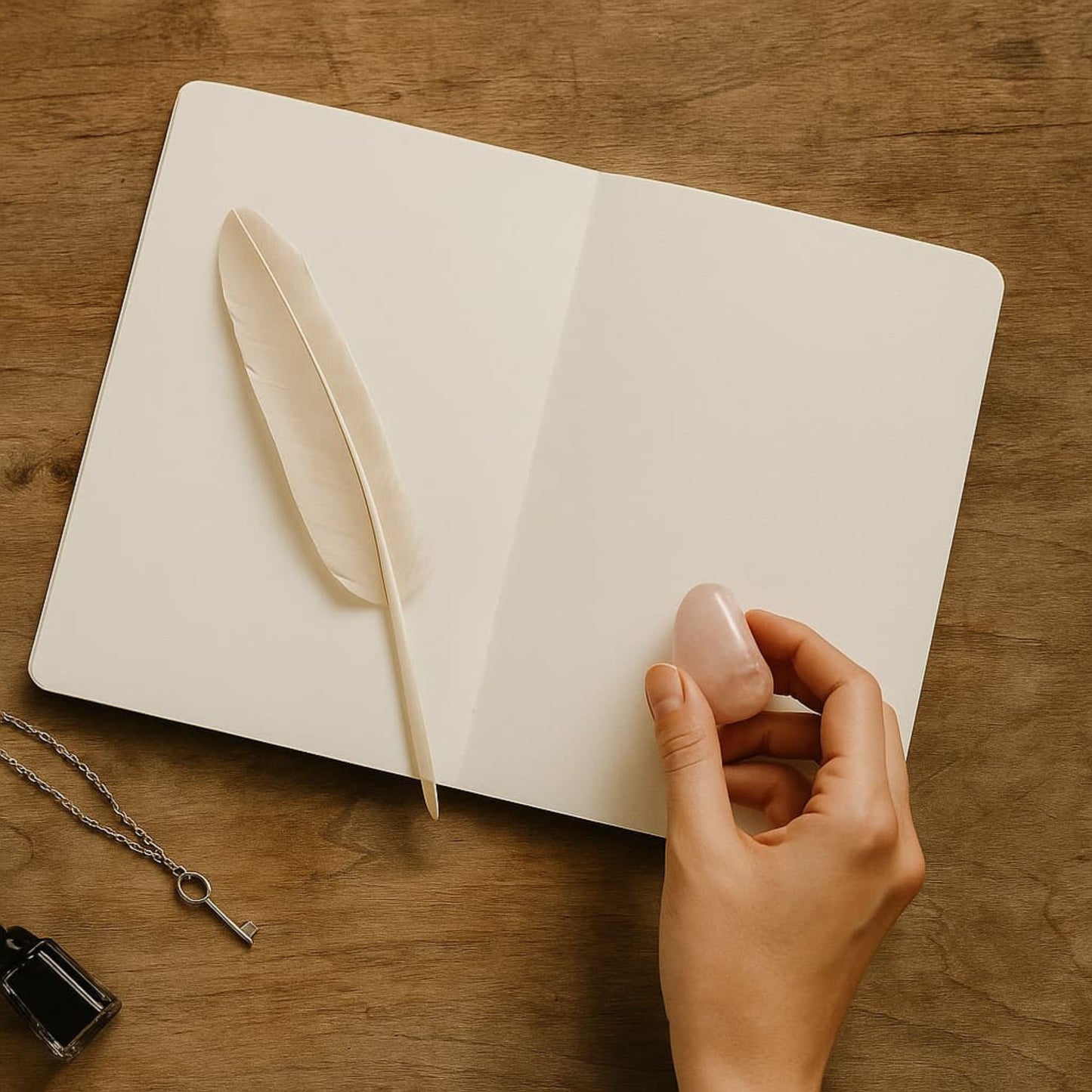 Carnet de rituel Carnet d'âme ouvert avec pages blanches, une plume posée sur la feuille et une main tenant un quartz rose