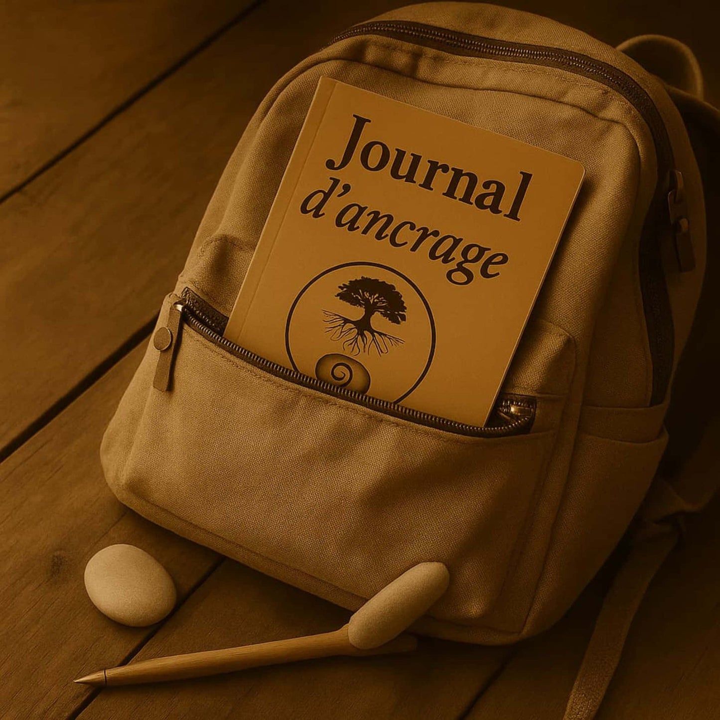 Carnet de rituel Journal d'ancrage posé dans un sac à dos sur des planches en bois