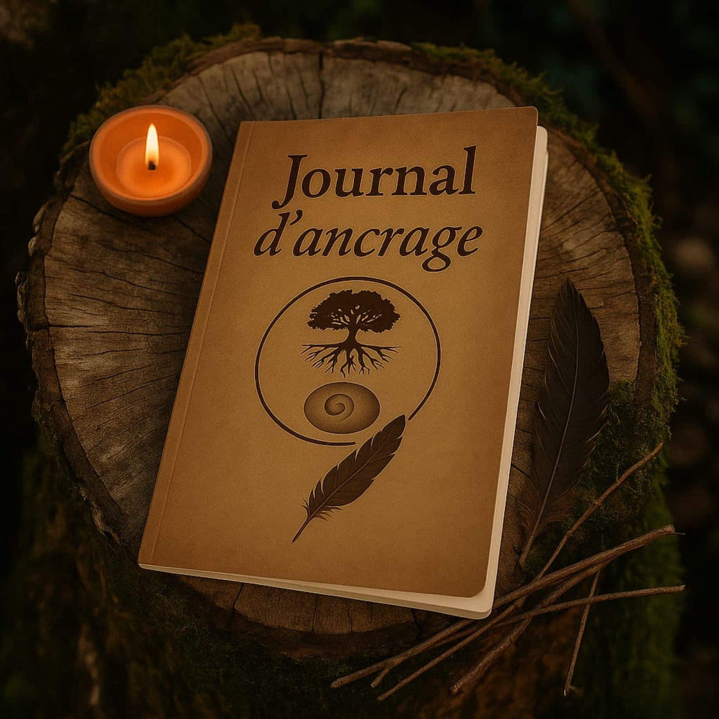 Carnet de rituel Journal d'ancrage posé sur un tronc d'arbre avec une plume noire et un bougeoir allumé