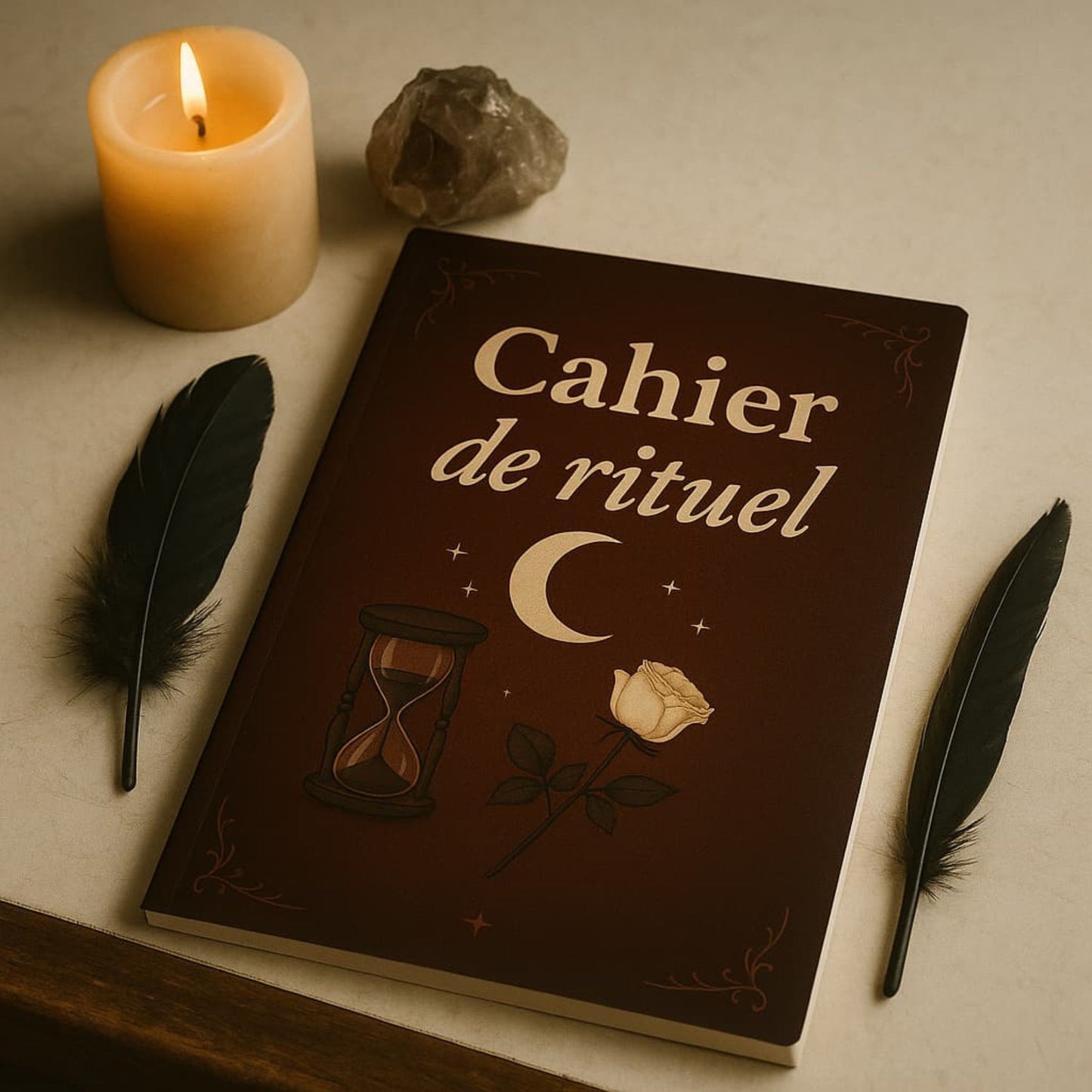 Carnet de rituel - Cahier de rituel posé sur une table blanche avec à côté deux plumes noires, une pierre précieuse et une bougie allumée