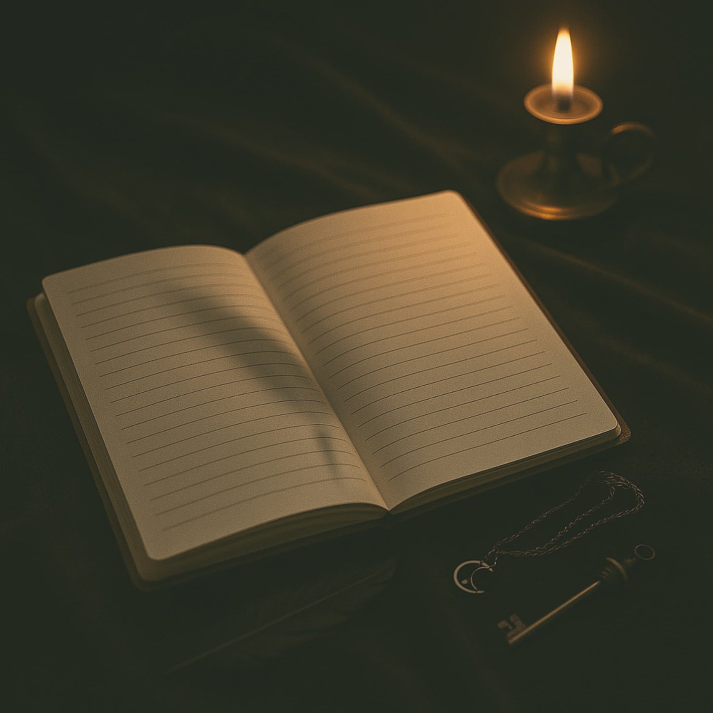 Carnet de rituel - Cahier de rituel ouvert sur des pages lignées, posé sur un drap foncé avec une bougie allumée, une clef et un collier en métal à côté