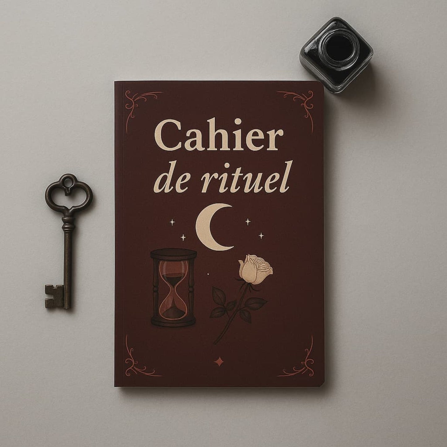 Carnet de rituel - Cahier de rituel bordeaux entouré d'un encrier noir et d'une clef ancienne