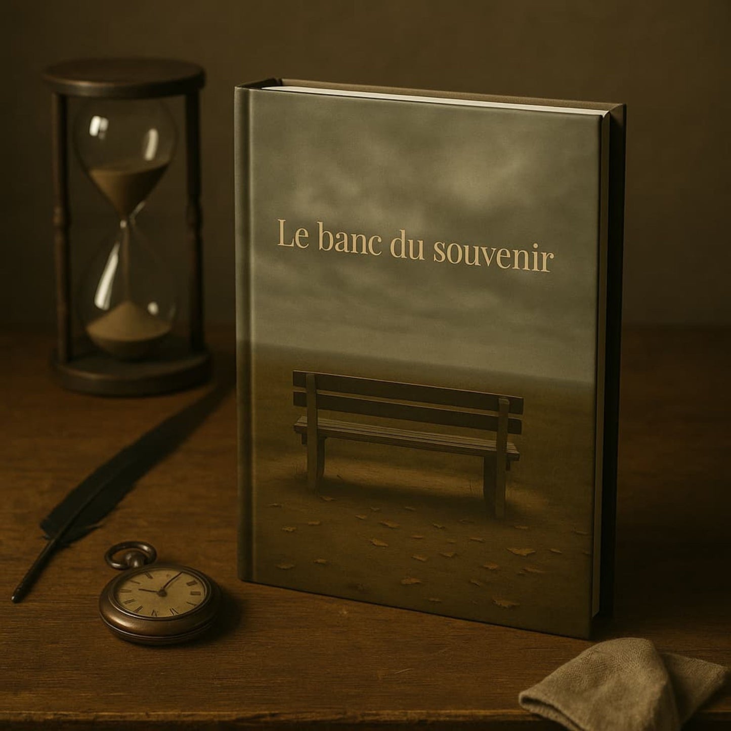 Carnet de deuil - Le banc du souvenir - journal de guérison posé à la verticale sur une table en bois foncé avec un sablier, une plume noire, une montre gousset et un chiffon à côté