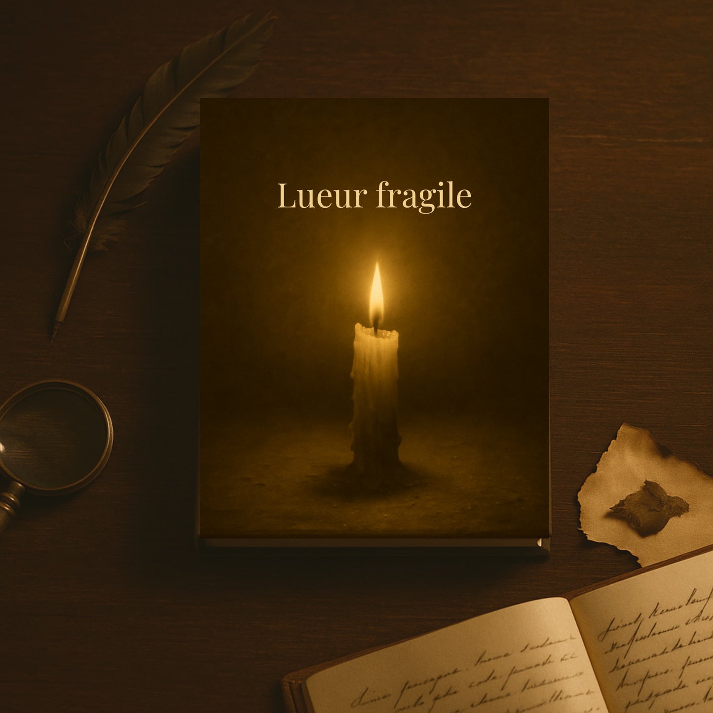 Carnet de deuil - Lueur effacée - journal de guérison posé sur un meuble en bois avec à côté une plume marron, une loupe et un vieux carnet ouvert