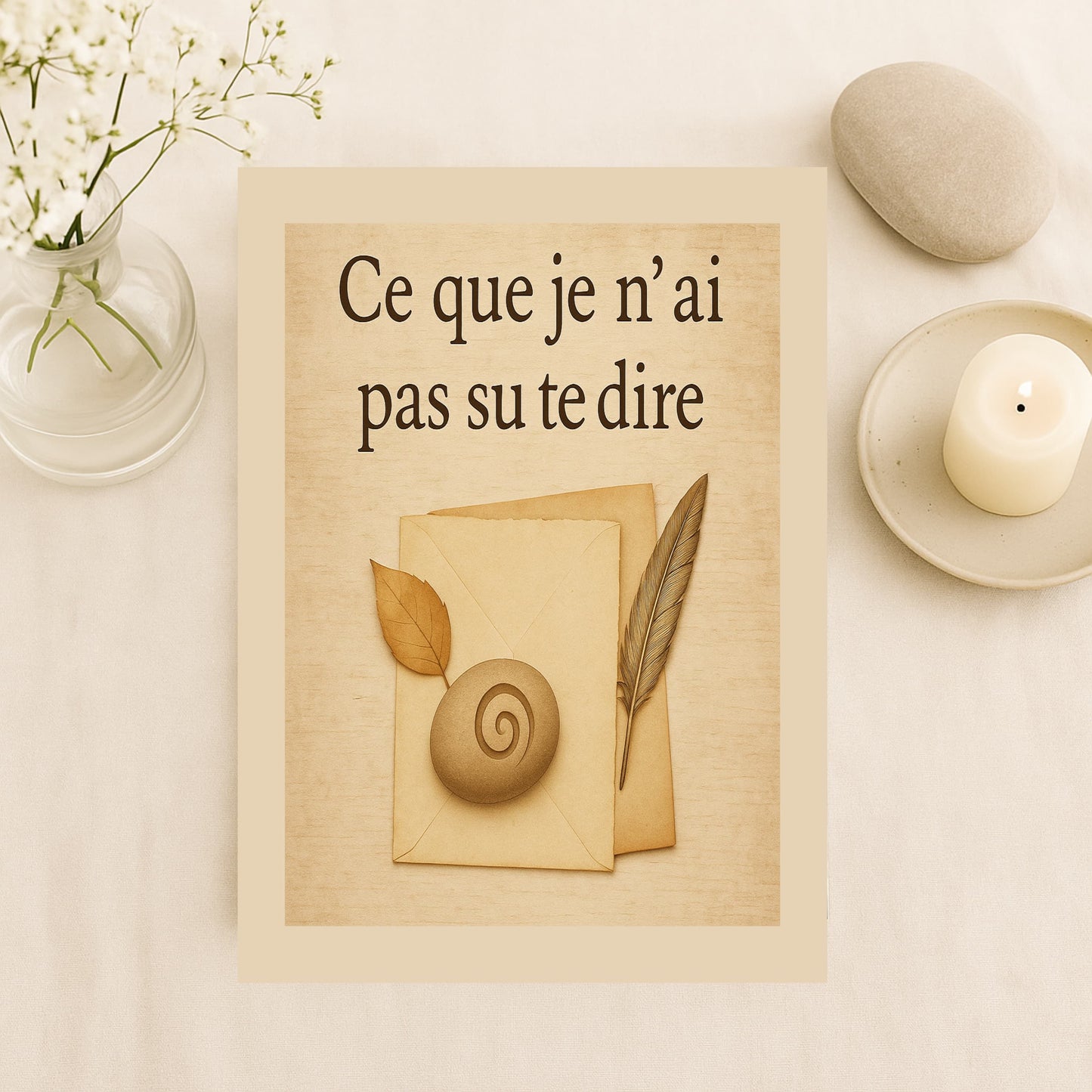 Carnet de deuil - Ce que je n'ai pas su te dire - Journal de guérison posé à côté d'une pierre et d'une bougie