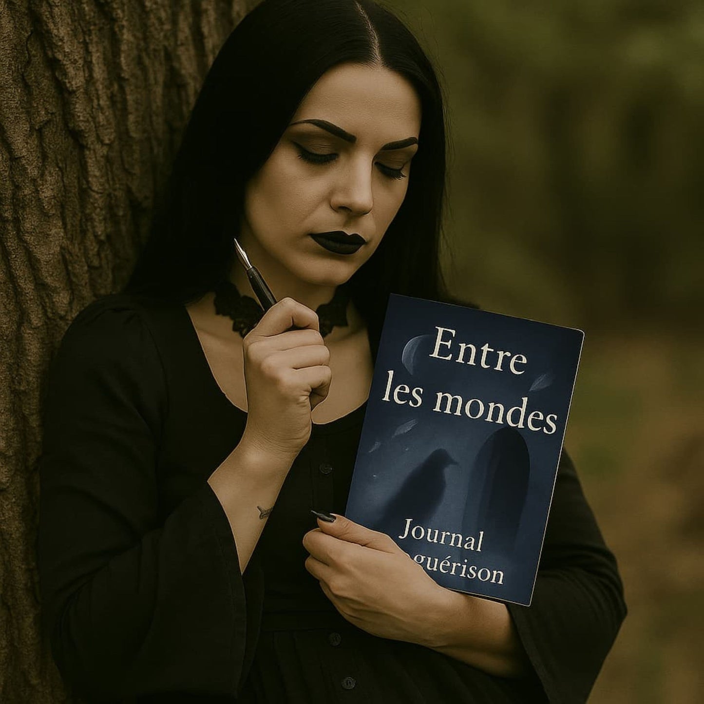 Carnet de deuil - Entre les mondes - Journal de guérison tenu dans les bras d'une femme gothique