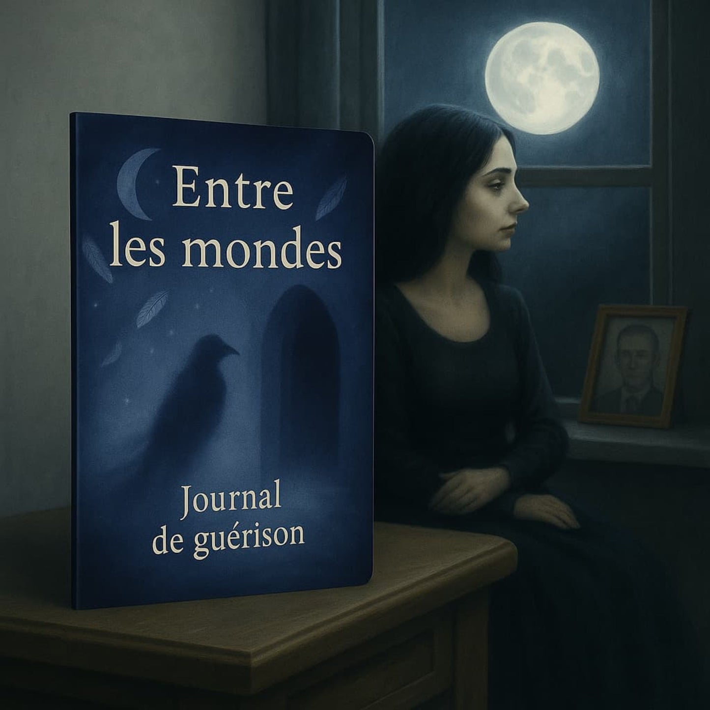 Carnet de deuil - Entre les mondes - Journal de guérison posé sur un meuble à côté d'une femme gothique