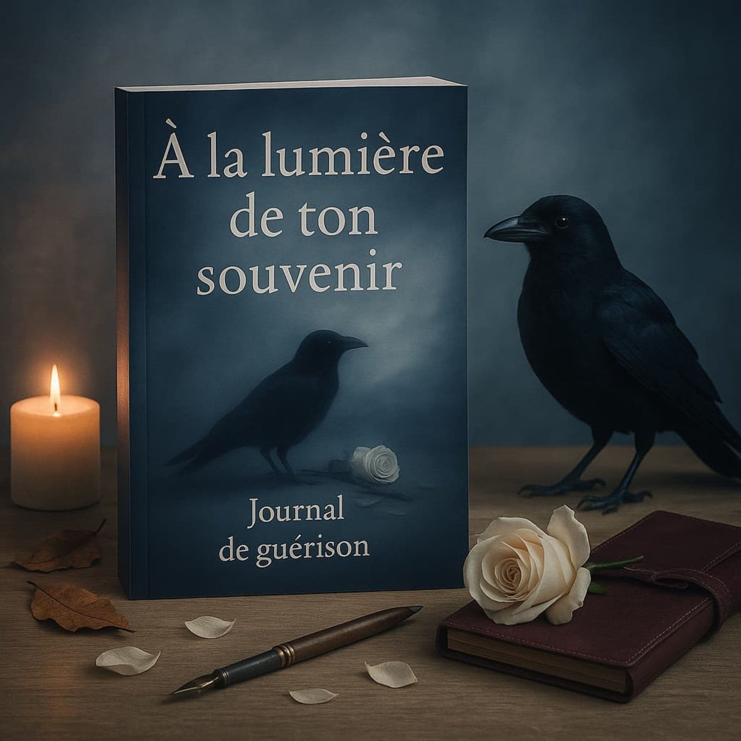 Carnet de deuil - À la lumière de ton souvenir - Journal de guérison posé à côté d'un corbeau, d'une bougie et d'une rose blanche
