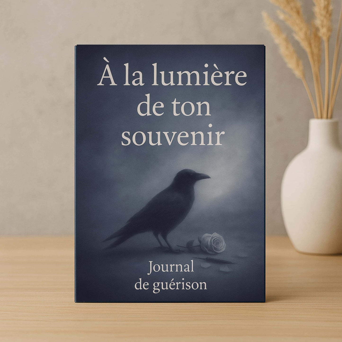 Carnet de deuil - À la lumière de ton souvenir - Journal de guérison posé près d'un pot fleuri