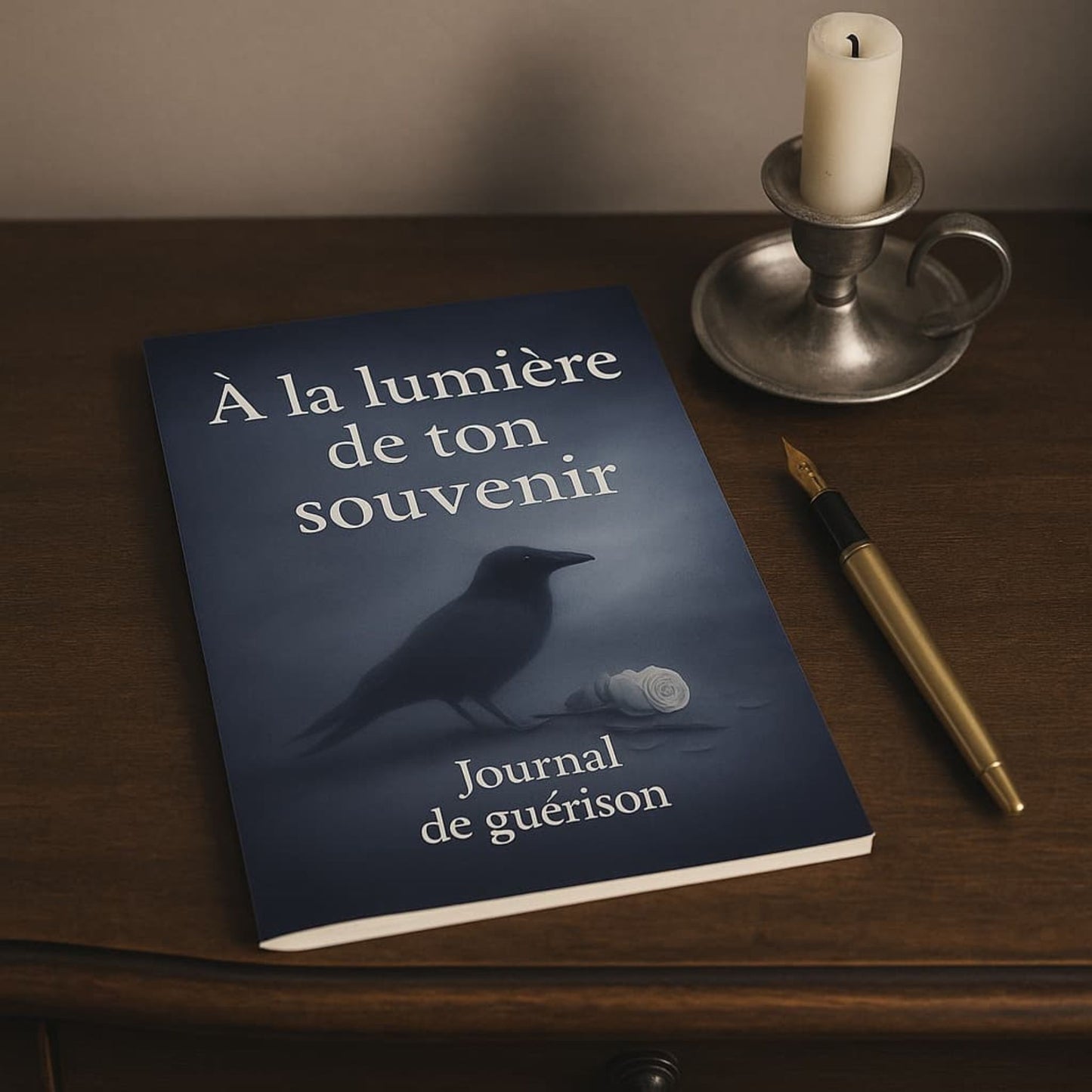 Carnet de deuil - À la lumière de ton souvenir - Journal de guérison posé sur un meuble en bois avec une bougie et un stylo