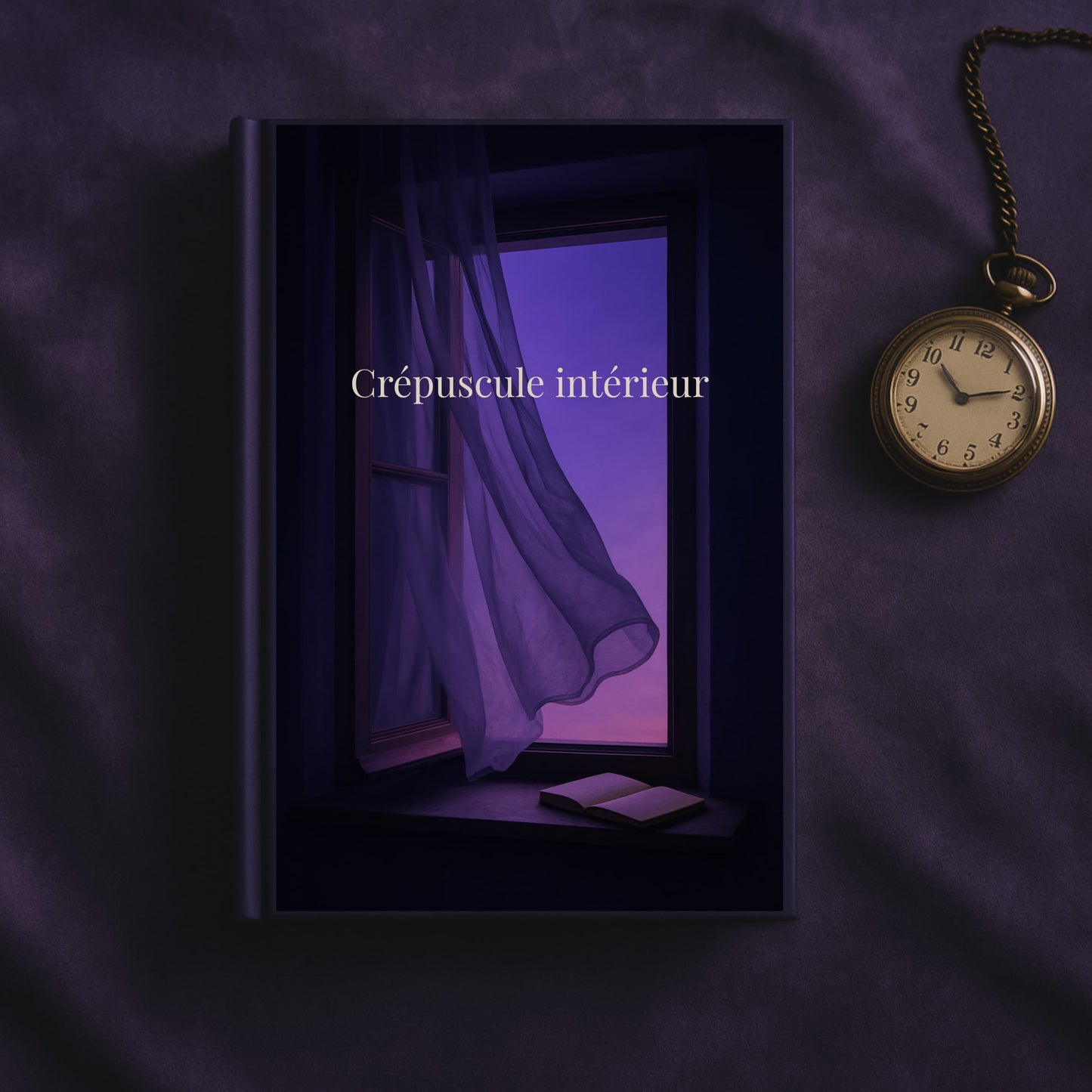Carnet de deuil Crépuscule intérieur posé sur un drap mauve avec une montre gousset à côté