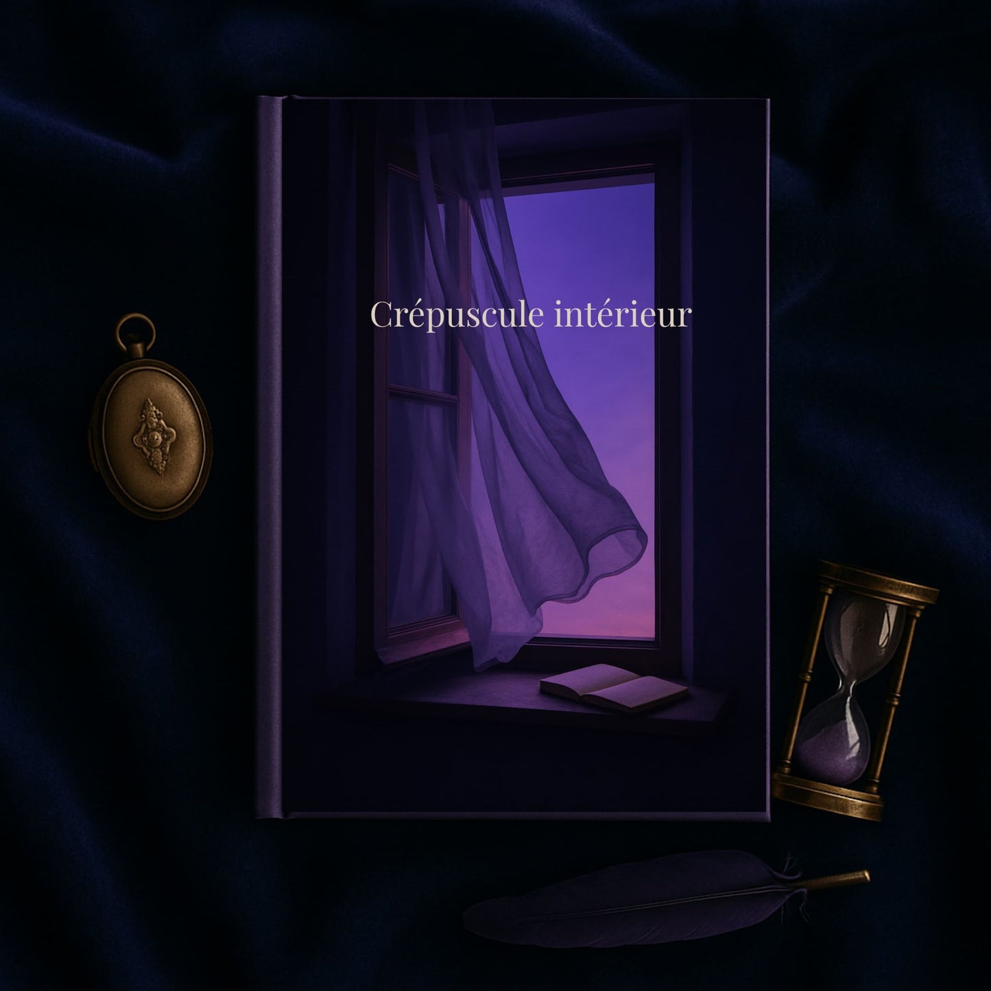 Carnet de deuil Crépuscule intérieur posé sur un drap en velours bleu avec à côté un petit sablier et un pendentif ancien
