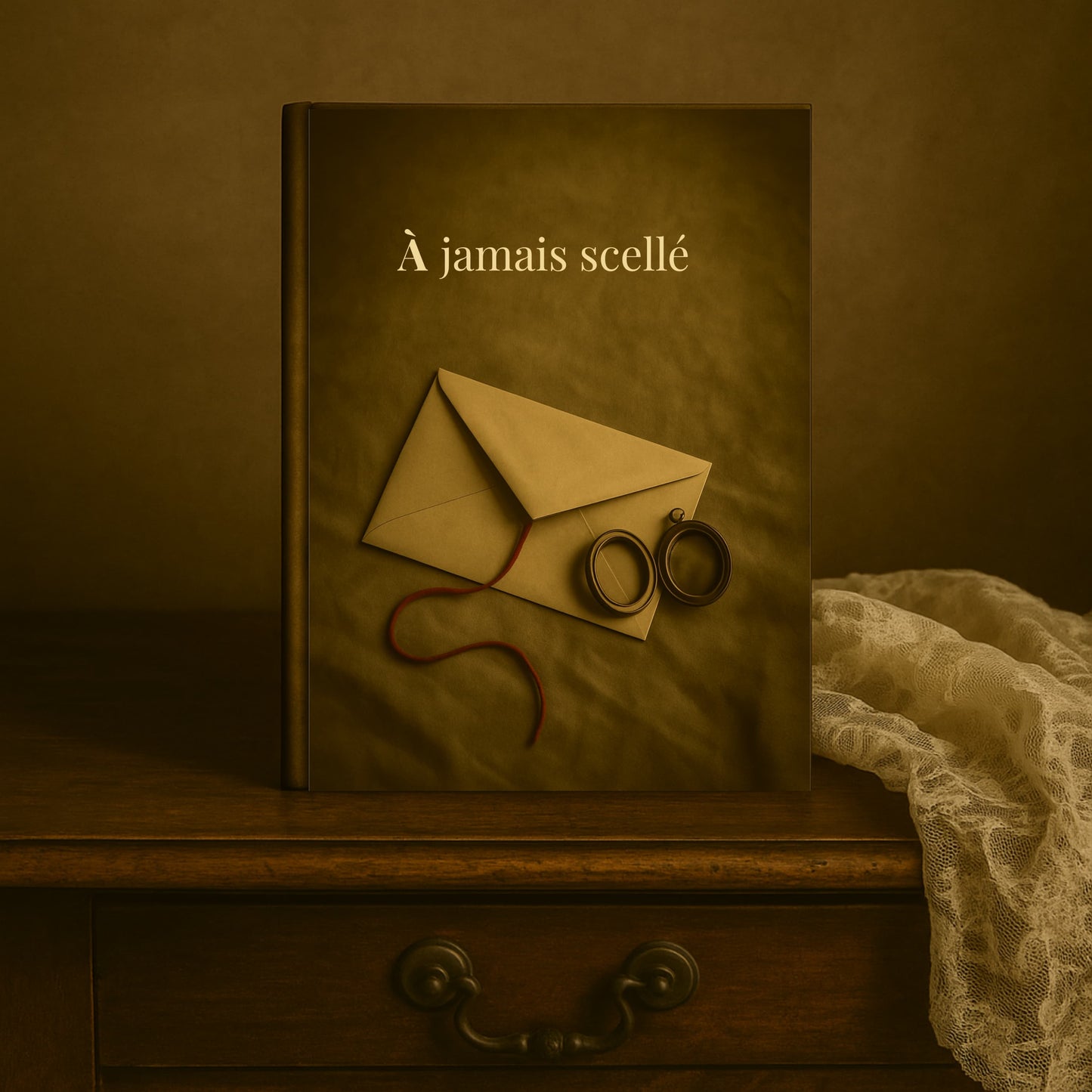 Carnet de deuil - À jamais scellé - journal de guérison posé sur un meuble en bois avec tiroir à côté un rideau en dentelle beige