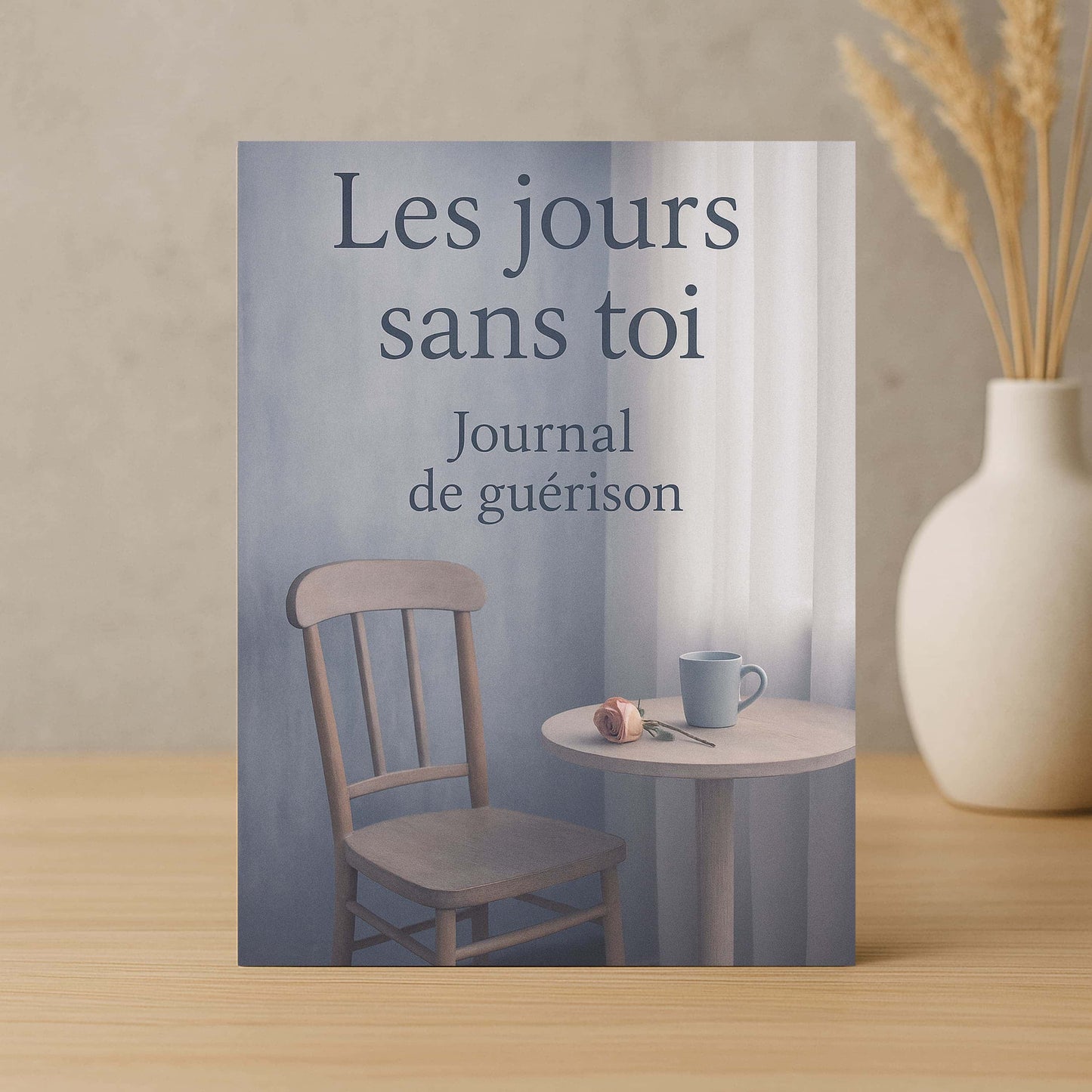 Carnet de deuil - Les jours sans toi - Journal de guérison posé à la verticale sur une table en bois avec un pot blanc fleuri à côté