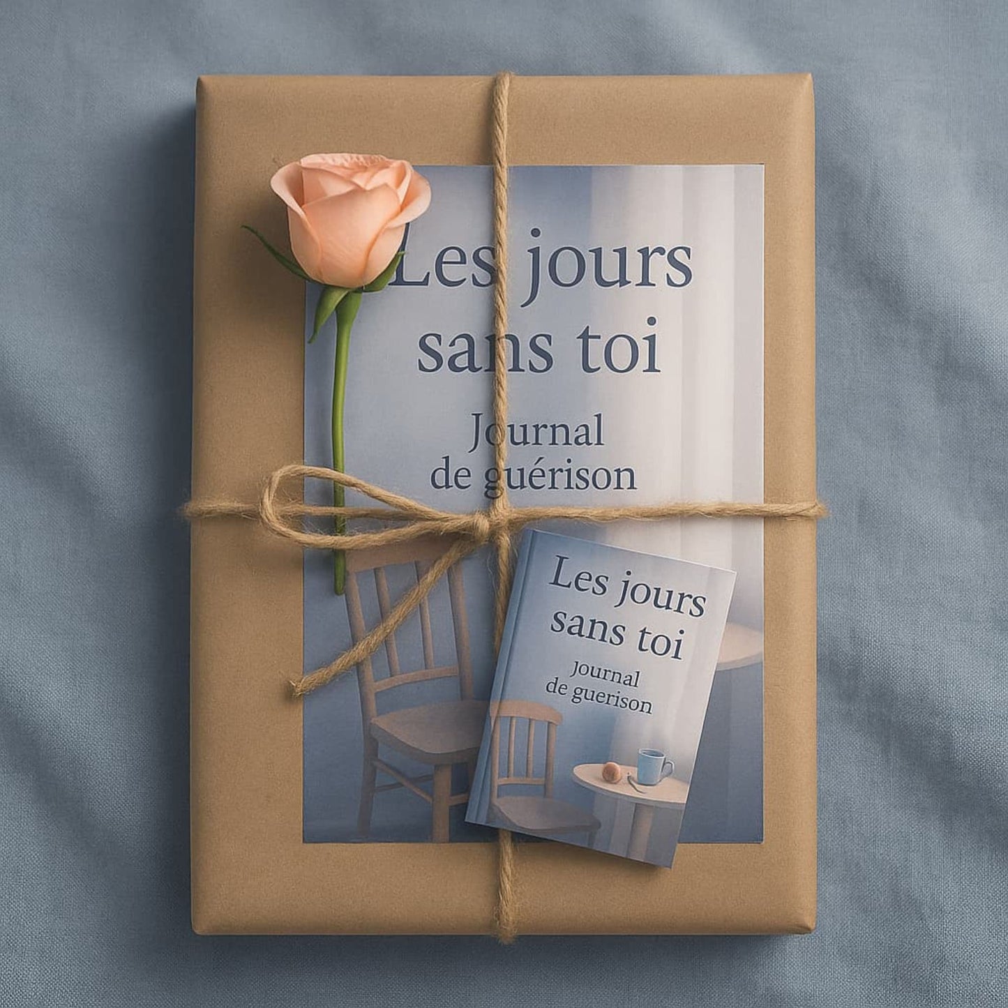 Carnet de deuil - Les jours sans toi - Journal de guérison sur un paquet cadeau entouré de cordes