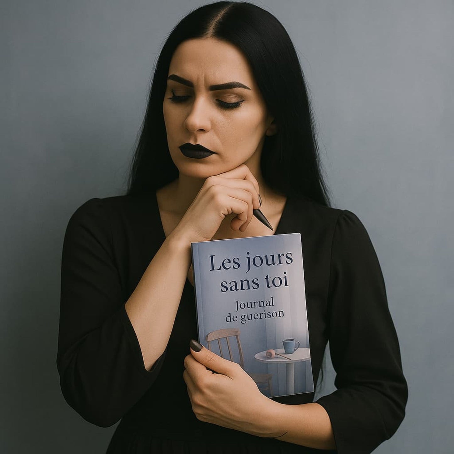 Carnet de deuil - Les jours sans toi - Journal de guérison tenu dans les bras d'une femme gothique pensive un stylo à la main