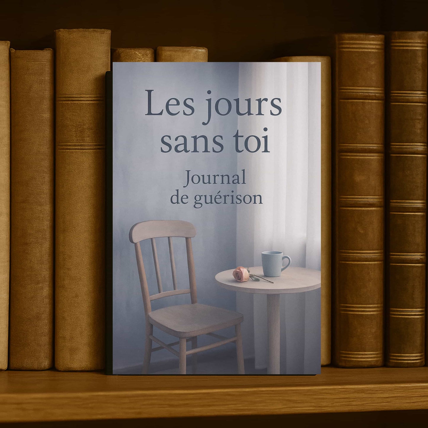 Carnet de deuil - Les jours sans toi - Journal de guérison posé à la verticale dans une bibliothèque contre d'anciens livres