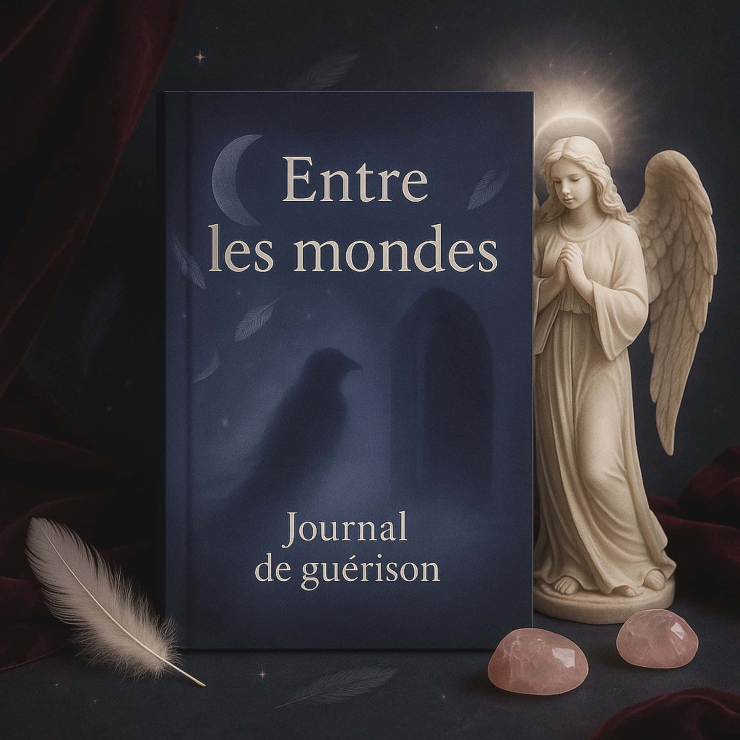 Carnet de deuil - Entre les mondes - Journal de guérison posé contre un ange blanc