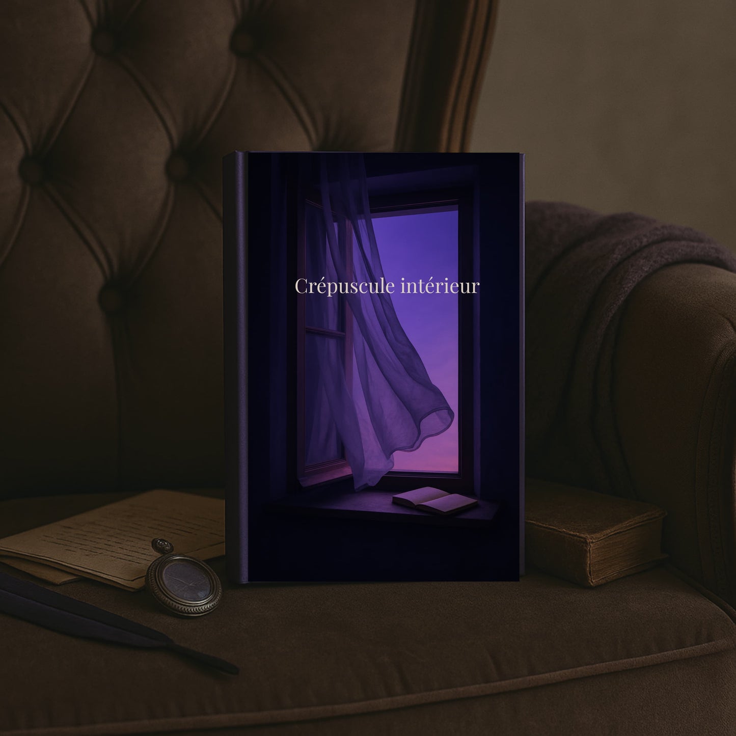 Carnet de deuil Crépuscule intérieur - livre posé à la verticale sur le coussin en velours d'un fauteuil ancien. À côté un vieux livre, une montre gousset, une plume noire et d'anciennes lettres