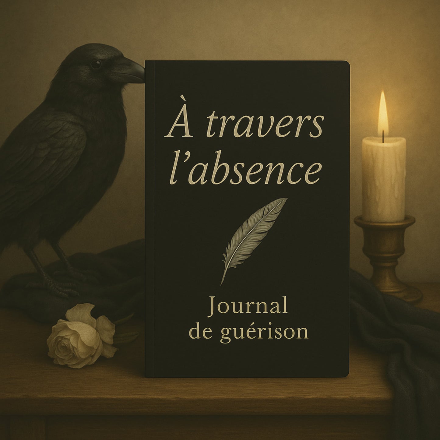 Carnet de deuil - À travers l'absence - Journal de guérison gothique posé à la verticale sur un meuble en bois entouré d'une bougie allumée, un corbeau, une rose blanche et une écharpe noire