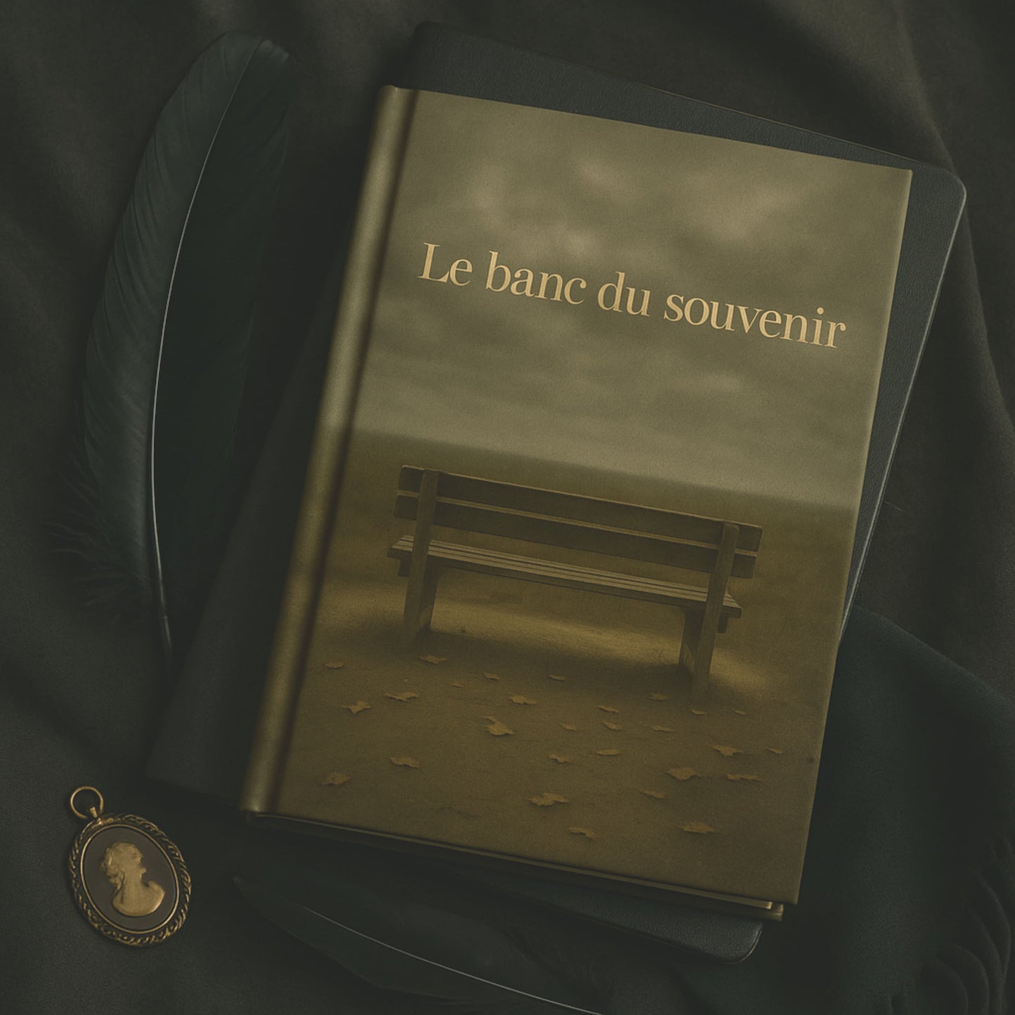 Carnet de deuil - Le banc du souvenir - journal de guérison posé sur un autre livre noir sur une écharpe noire avec à côté une plume noire et un pendentif
