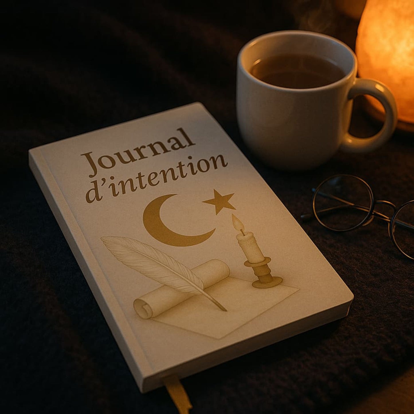 Carnet de rituel Journal d'intention posé sur un coussin foncé avec une tasse de thé, des lunettes et une lampe à côté