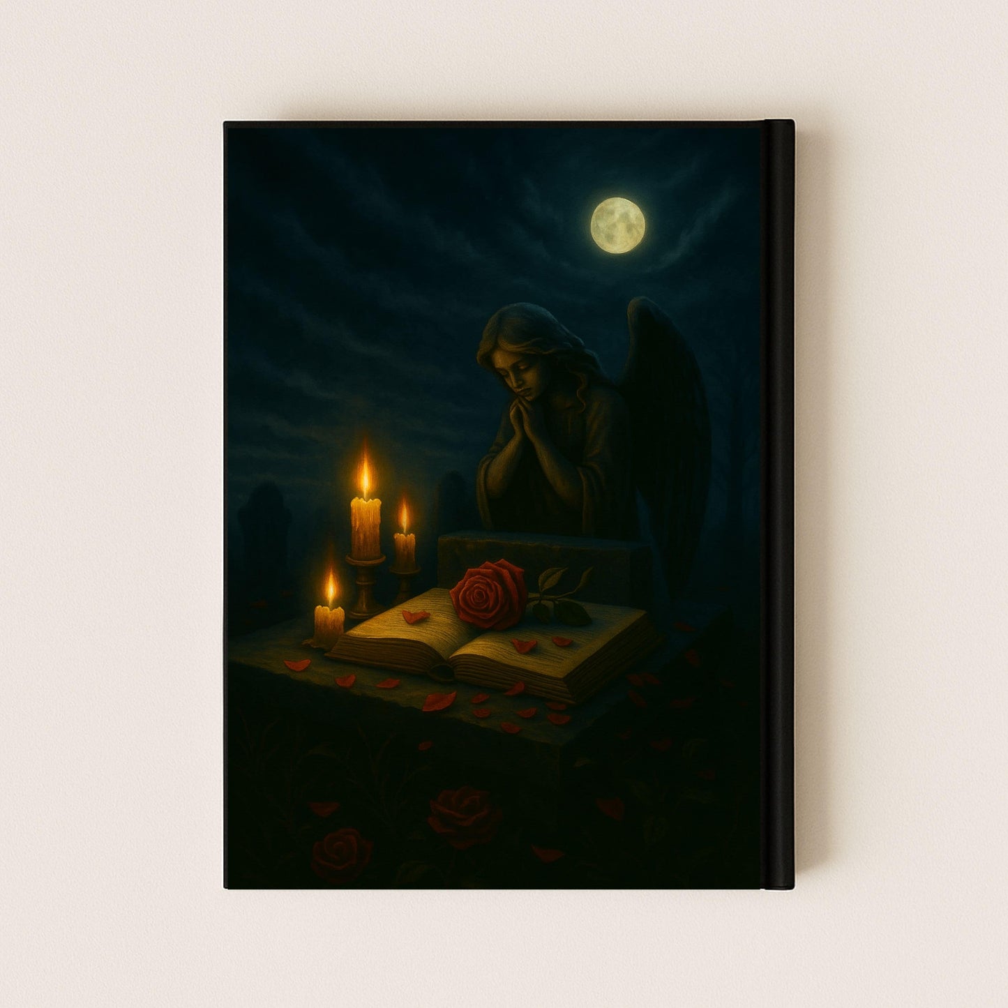 Couverture arrière carnet gothique représentant un ange priant devant un livre ouvert éclairé par des bougies et une rose rouge orne les pages