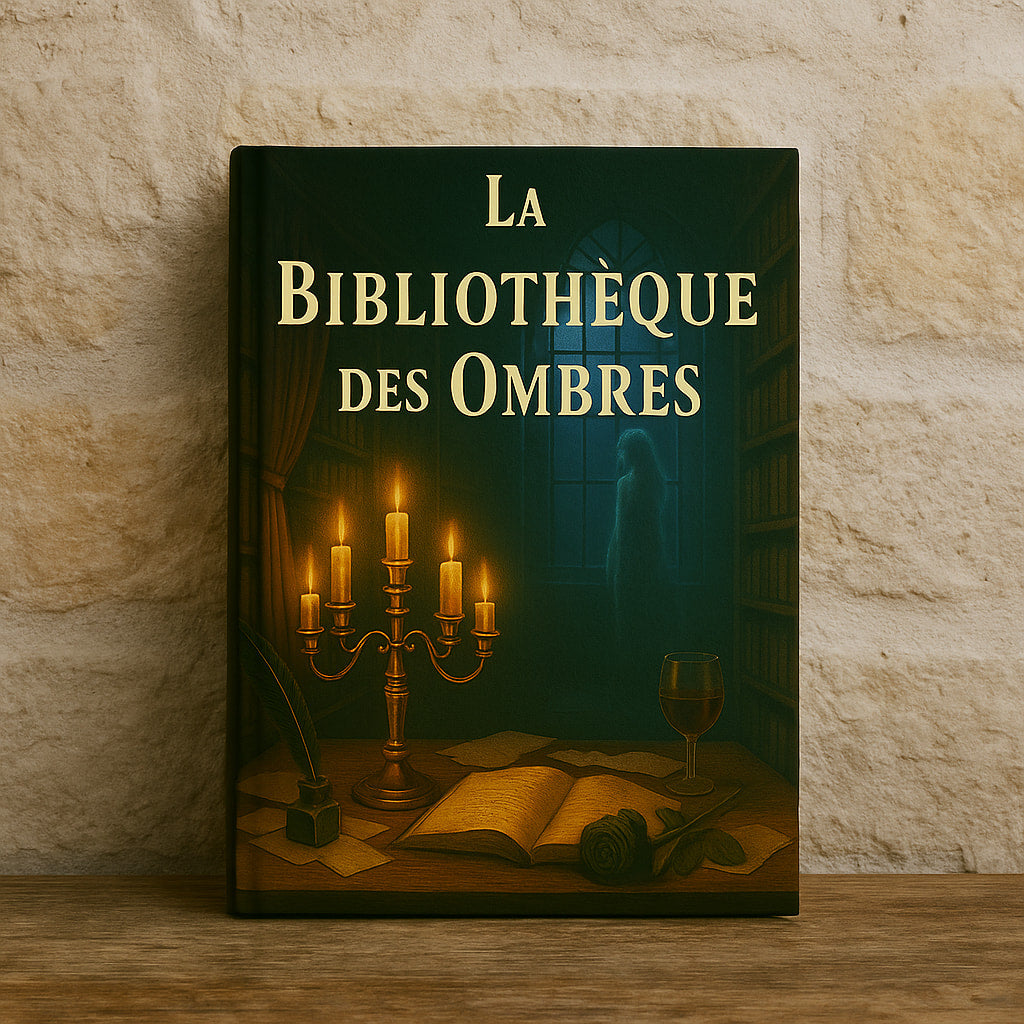 Carnet gothique dont la couverture avant représente une ombre près d'une fenêtre dans une bibliothèque