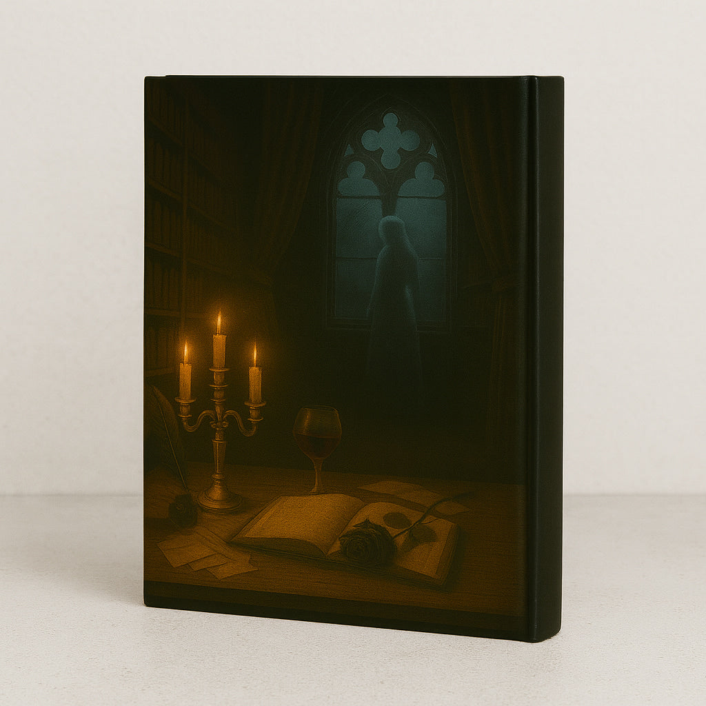 Carnet gothique dont la couverture arrière représente un fantôme près de la fenêtre gothique. Un livre ouvert avec une rose noire est posé sur un meuble en bois accompagné d'un chandelier et un verre de vin rouge
