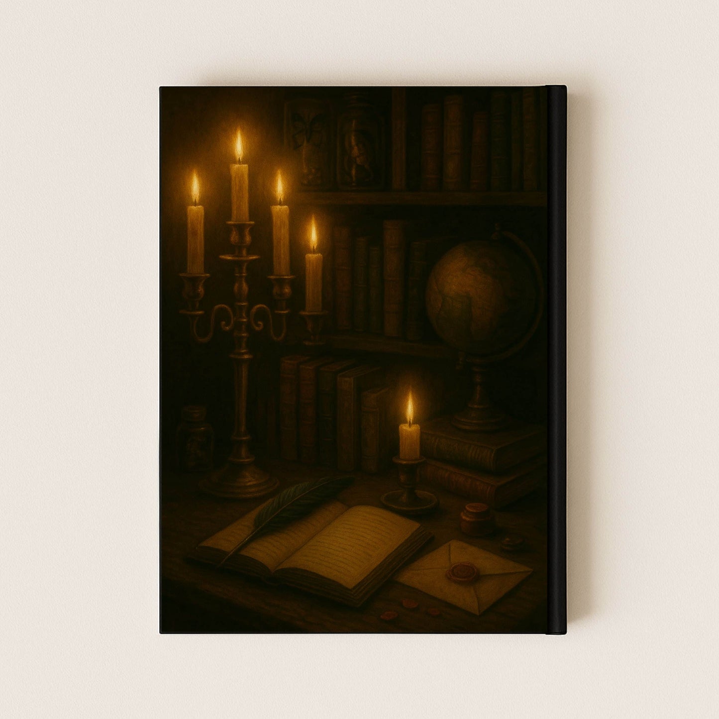 Couverture arrière carnet gothique représentant un livre ouvert, un chandelier allumé, une bougie et des livres anciens