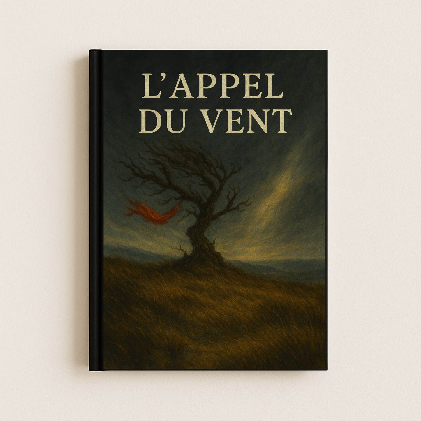couverture avant d un carnet gothique inspiré du livre Les Hauts du Hurlevent". Un arbre dénudé au vent dans un champs avec un foulard rouge au bout d'une branche
