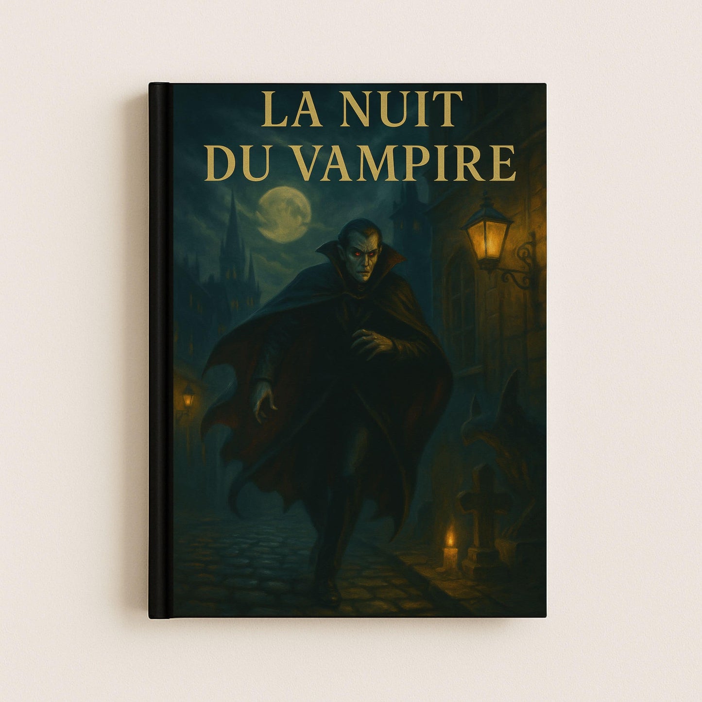 carnet gothique représentant un vampire errant dans les rues, un manoir en arrière plan