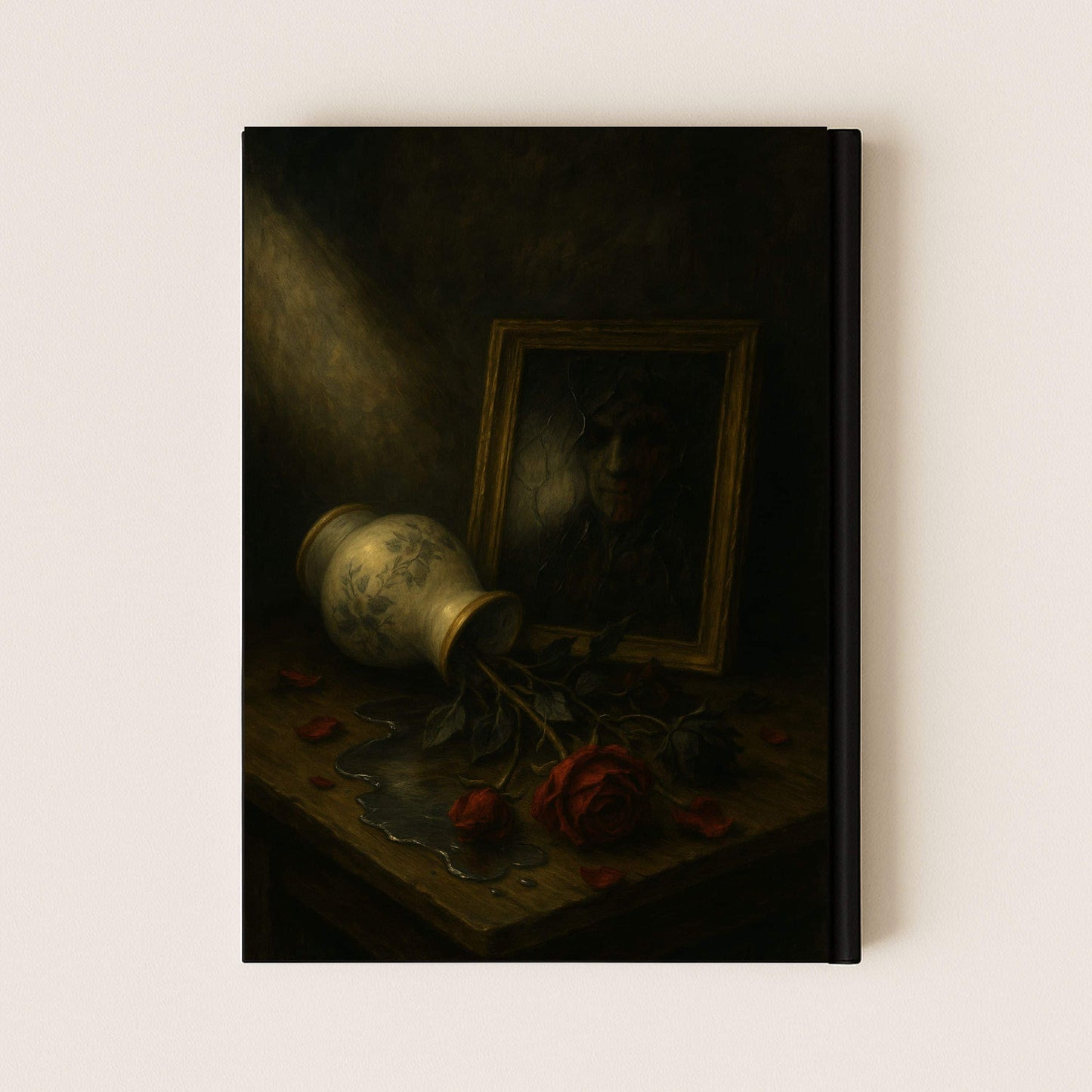 Carnet gothique dont la couverture arrière représente un vase cassé et renversé sur un meuble en bois. Des roses rouges et un tableau ornent le meuble