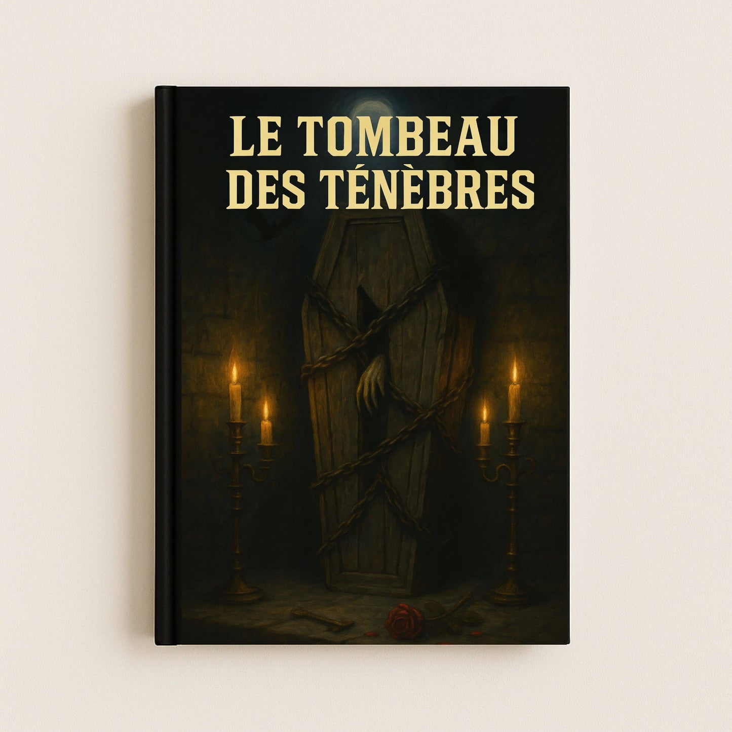 Carnet gothique dont la couverture avant représente un cercueil contenant un vampire enfermé dans sa boîte. Des chandeliers et une rose rouge ornent la photo