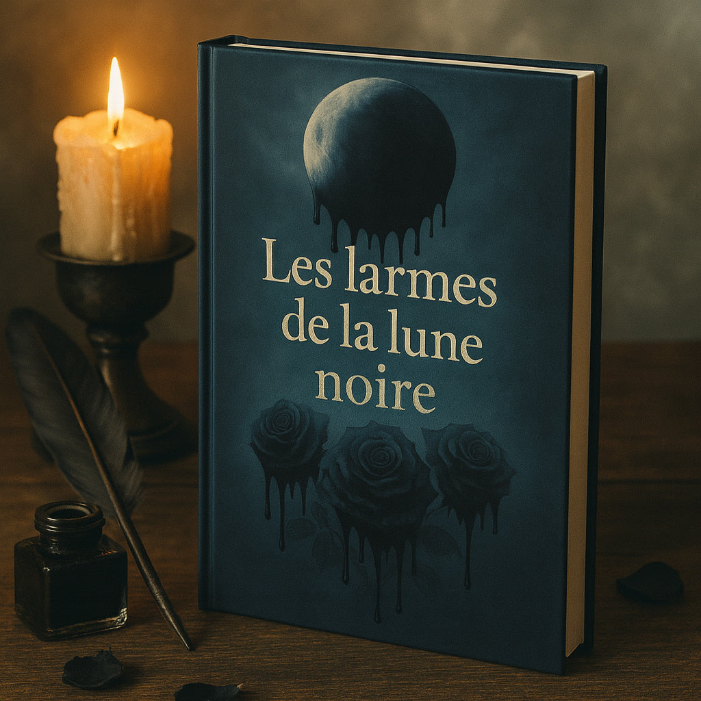 Carnet de deuil gothique déposé sur un meuble en bois accompagné d'une bougie allumée et d'un encrier avec sa plume noire