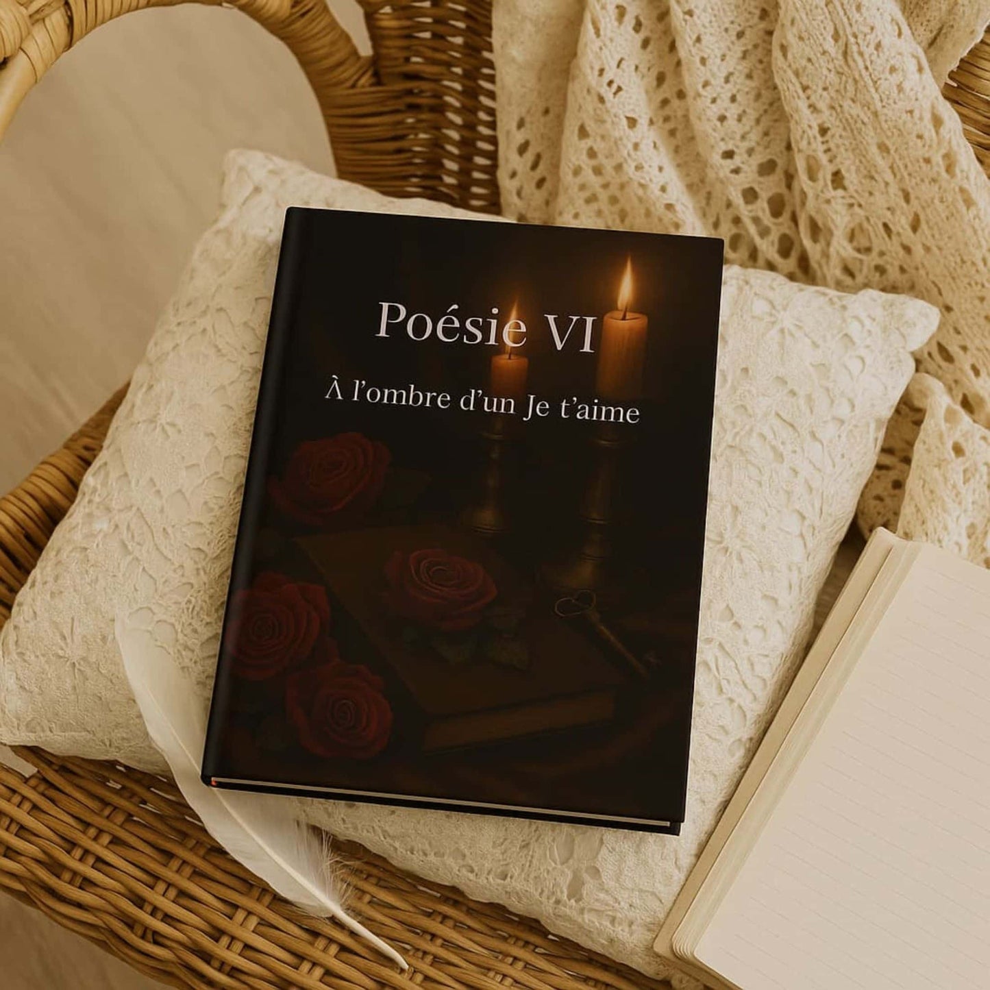 Carnet de poésie Poésie VI À l'ombre d'un Je t'aime posé sur un coussin en dentelle, une plume blanche à côté, le tout sur une chaise en rotin