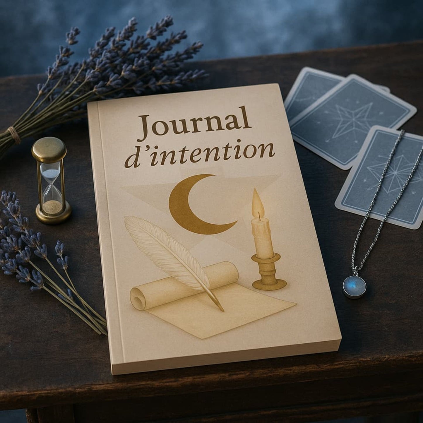 Carnet de rituel Journal d'intention posé sur une table en bois foncé avec un petit ablier, de la lavande séchées, des cartes ésotériques et un collier à côté