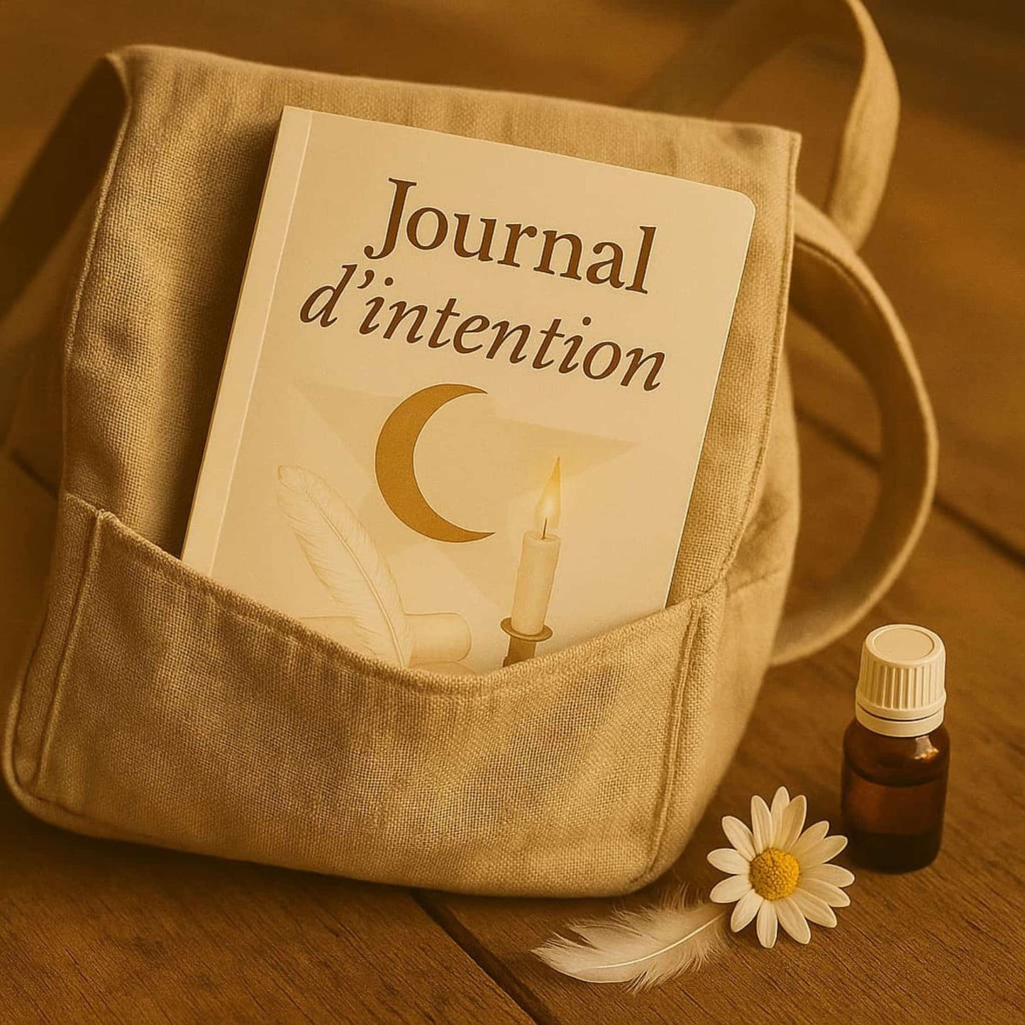 Carnet de rituel Journal d'intention posé dans un sac beige avec de l'huile essentielle et une fleur à côté