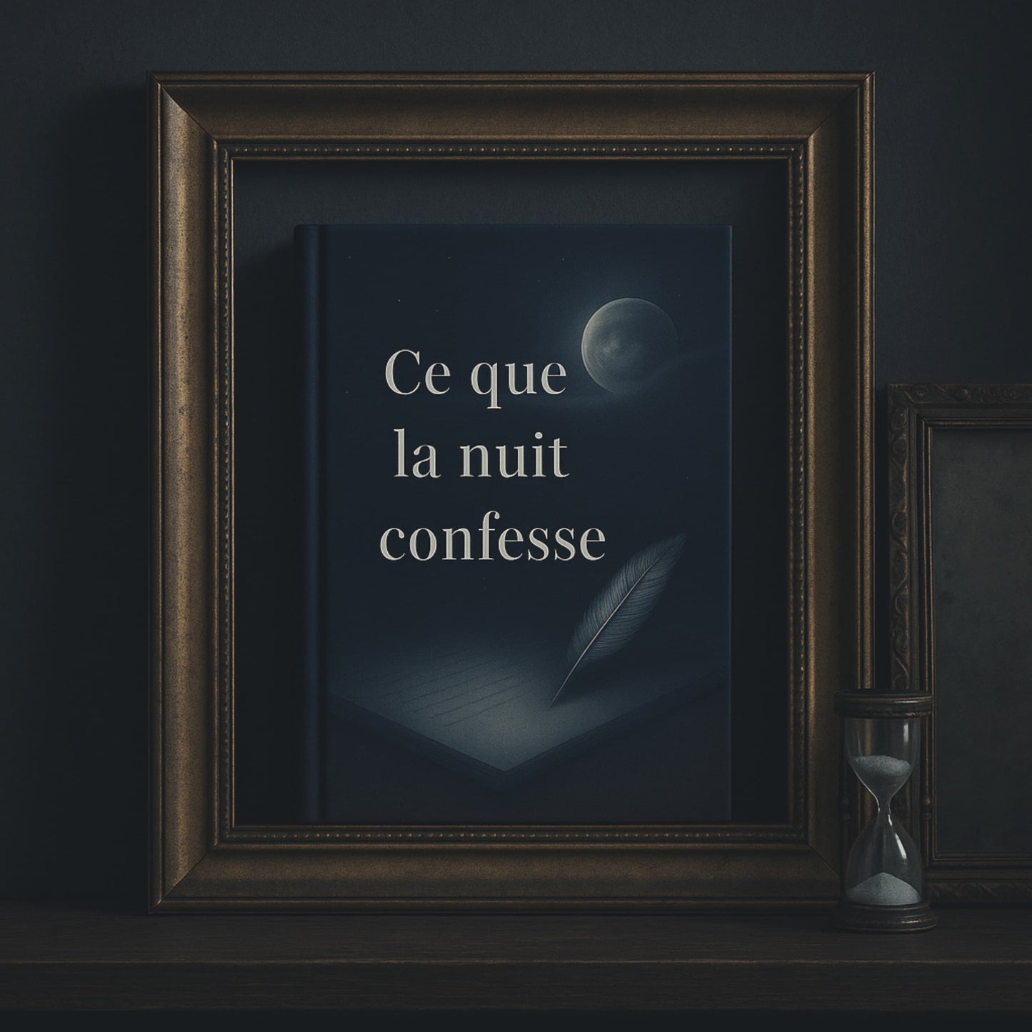 Carnet de notes Ce que la nuit confesse - Journal intime déposé dans un cadre avec un autre petit carde à côté et un petit sablier