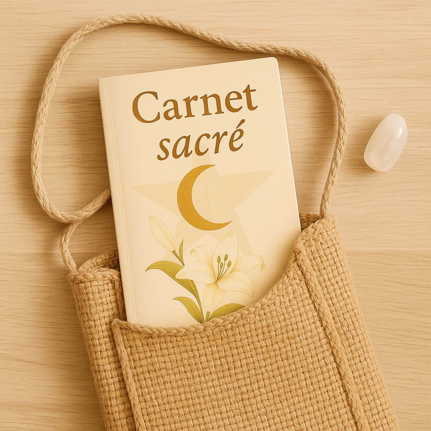 Carnet de rituel Carnet sacré posé dans un sac en paille, un quartz blanc à côté
