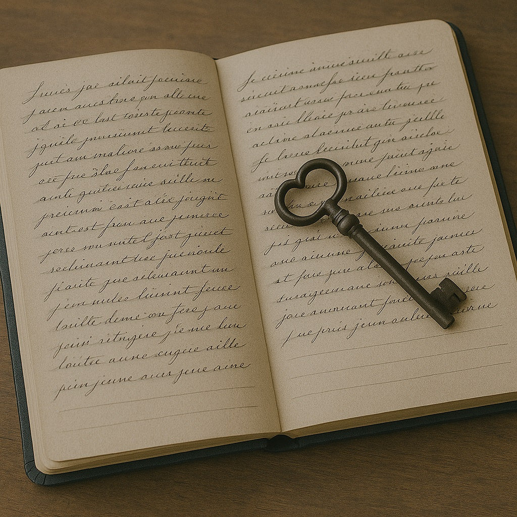 Carnet de notes - La chambre des silences - Journal intime ouvert avec des écritures manuscrites et une clef