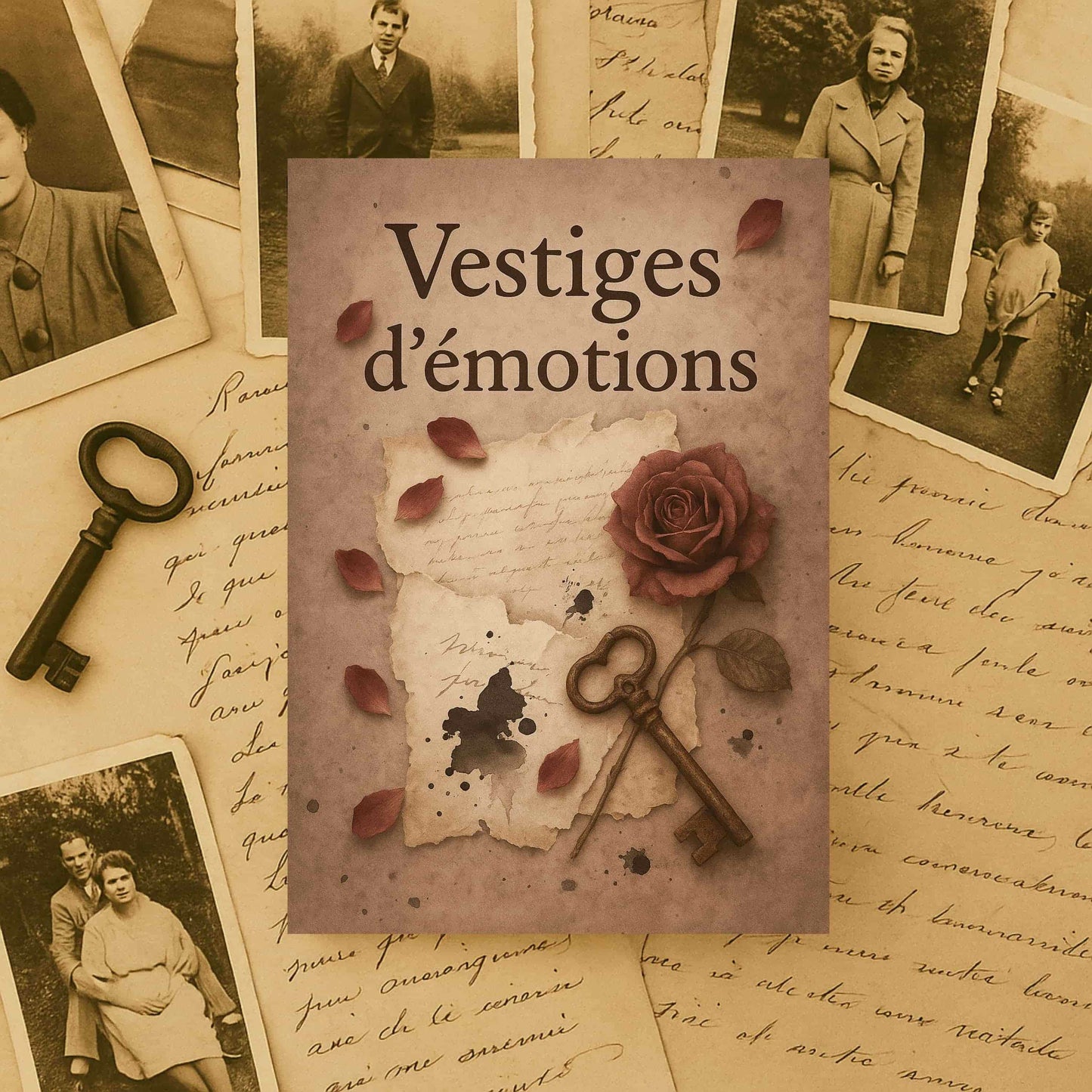 Carnet de notes - Vestiges d'émotions - Journal intime posé sur des photos anciennes et de vieilles lettres manuscrites