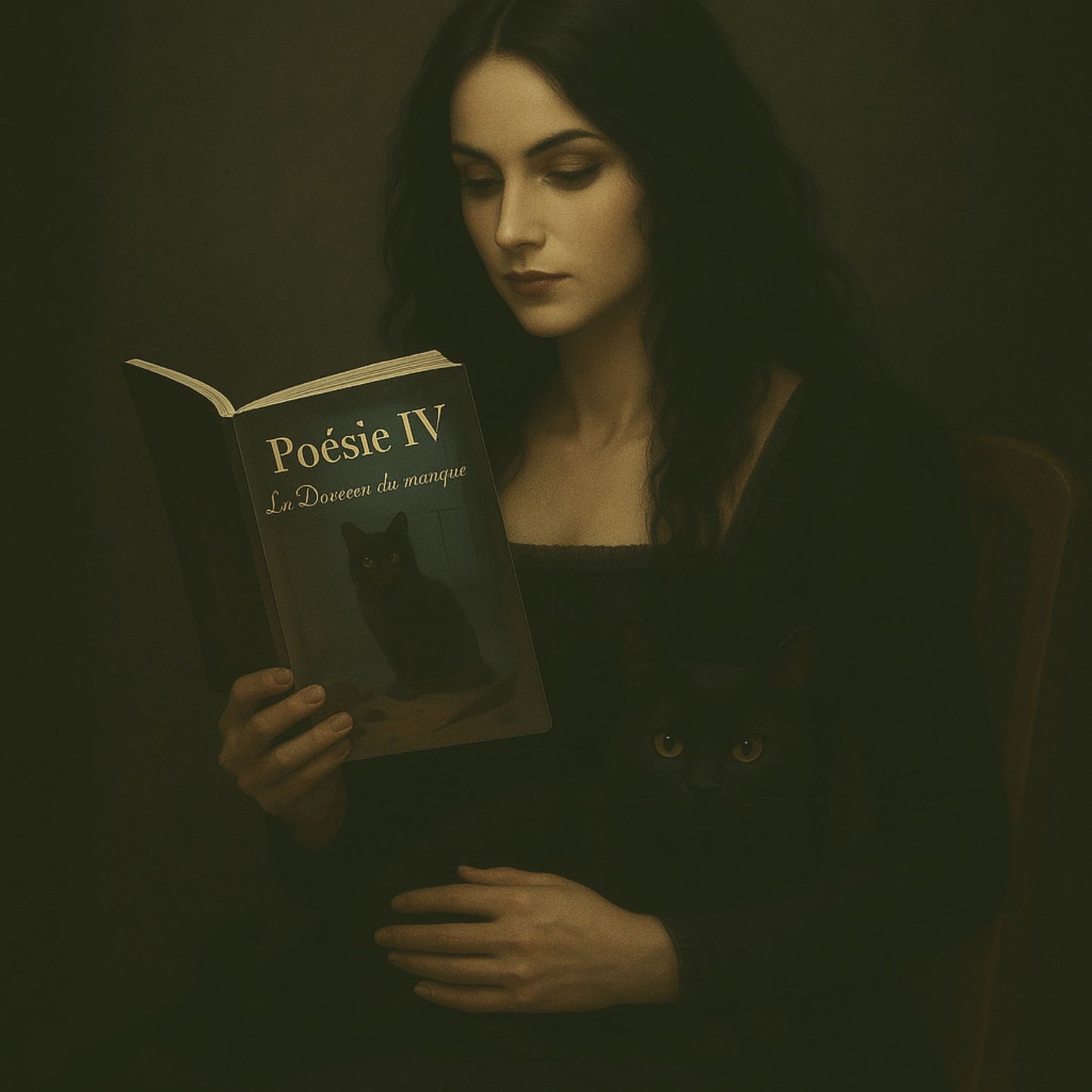 Carnet de poésie - Poésie IV La Douceur du manque - journal poétique tenu dans la main d'une femme gothique, un chat noir sur ses genoux