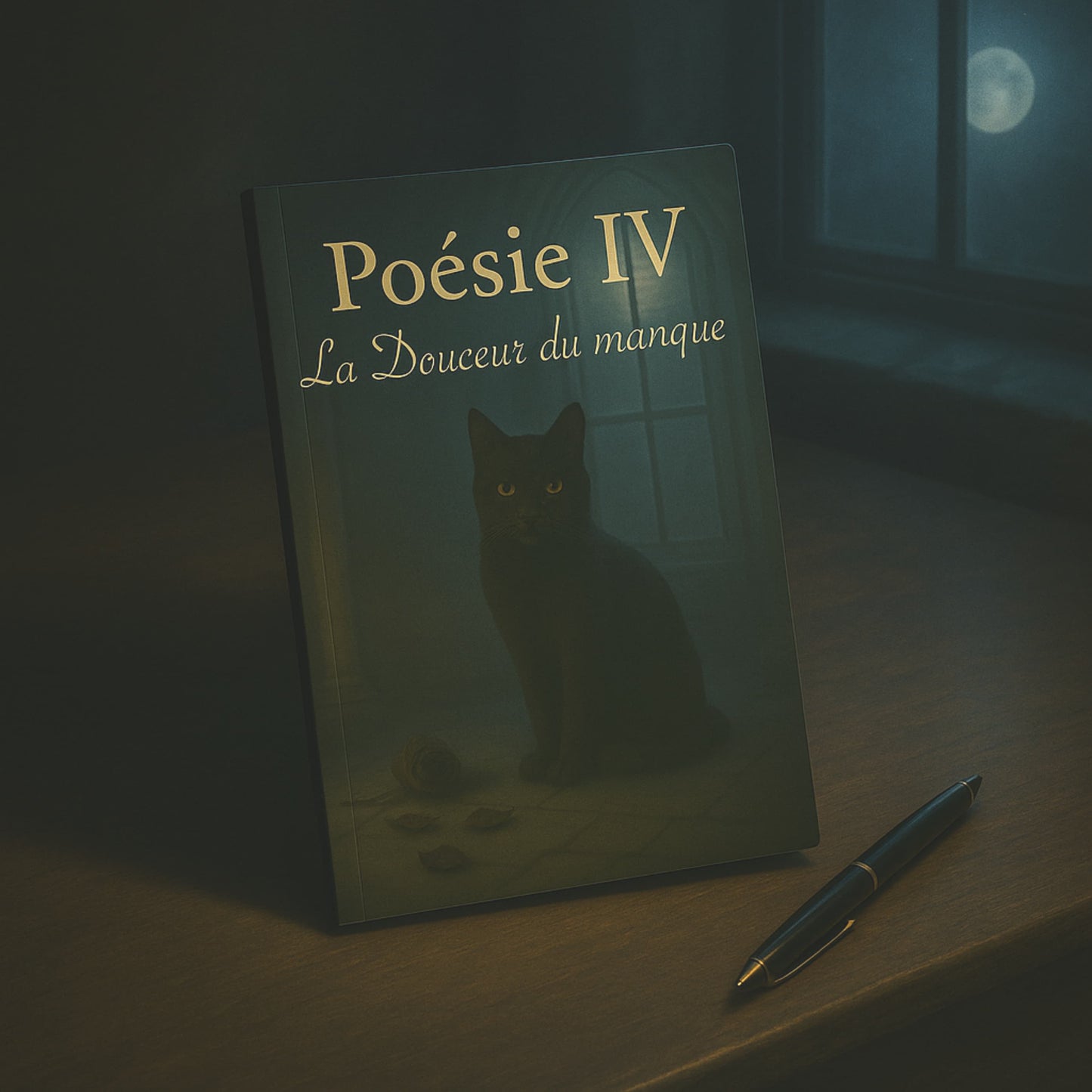 Carnet de poésie - Poésie IV La Douceur du manque - journal poétique posé sur un meuble en bois foncé, un stylo à bille à côté
