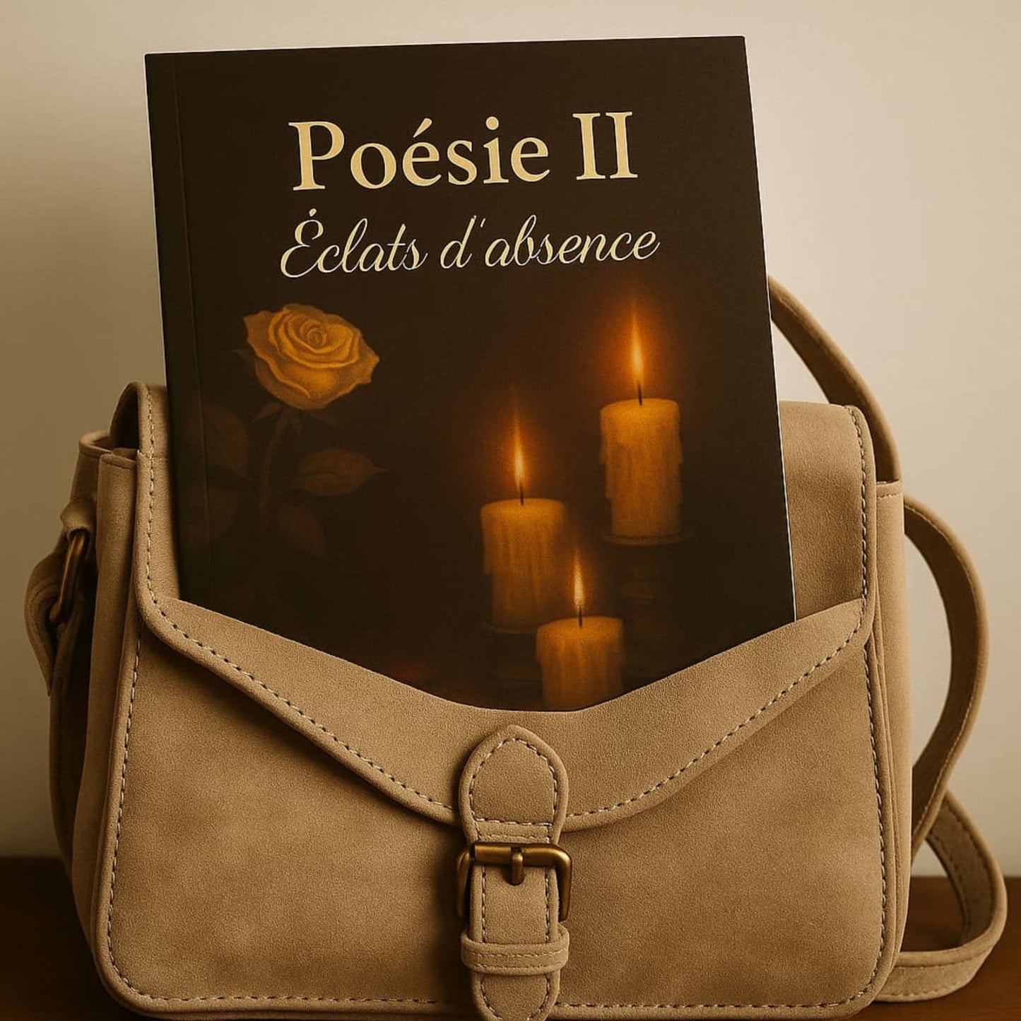 Carnet de poésie - Poésie II Éclats d'absence - journal poétique posé dans un sac en cuir beige ancien