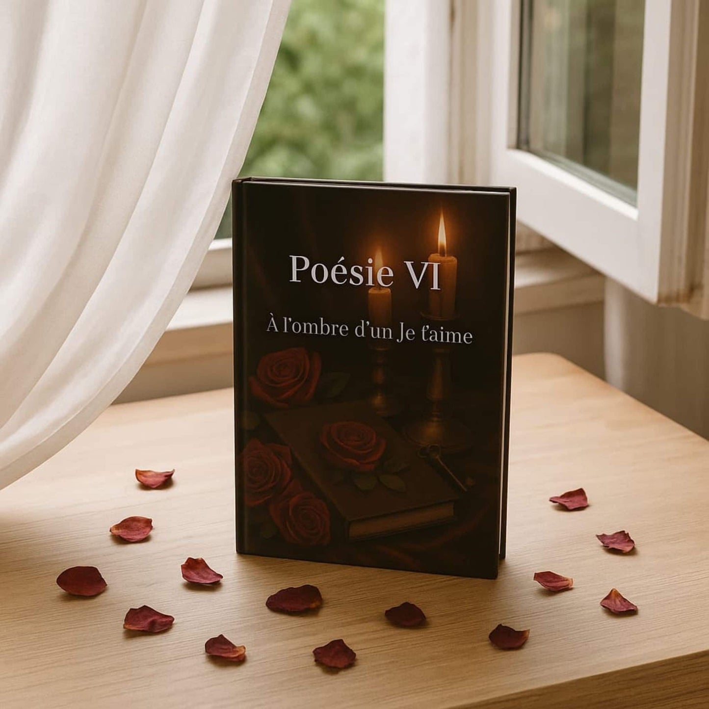 Carnet de poésie Poésie VI À l'ombre d'un Je t'aime posé à la verticale sur une table en bois avec des pétales de roses autour. Une fenêtre est entrouverte