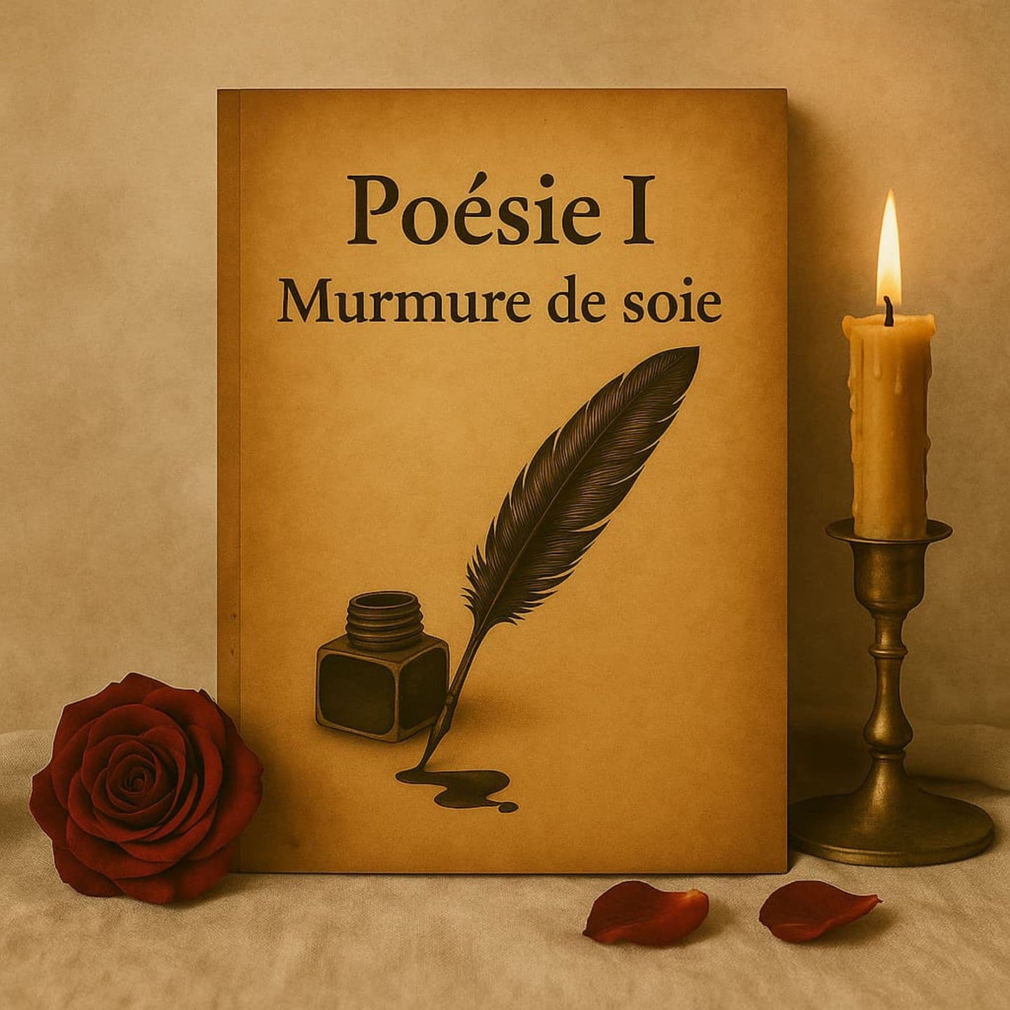 Carnet de poésie - Poésie I Murmure de soie - Journal poétique posé contre le mur avec à côté une rose rouge et une bougie allumée