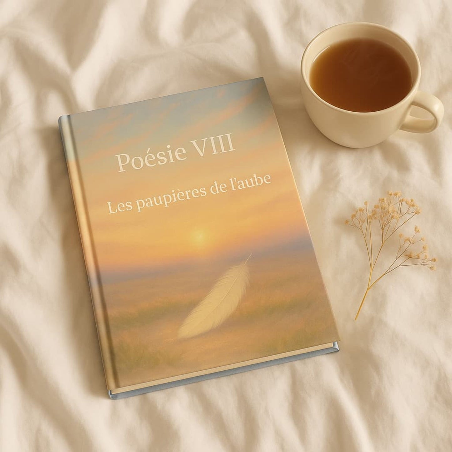 Carnet de poésie Poésie VIII Les paupières de l'aube posé sur un drap, une tasse de thé à côté