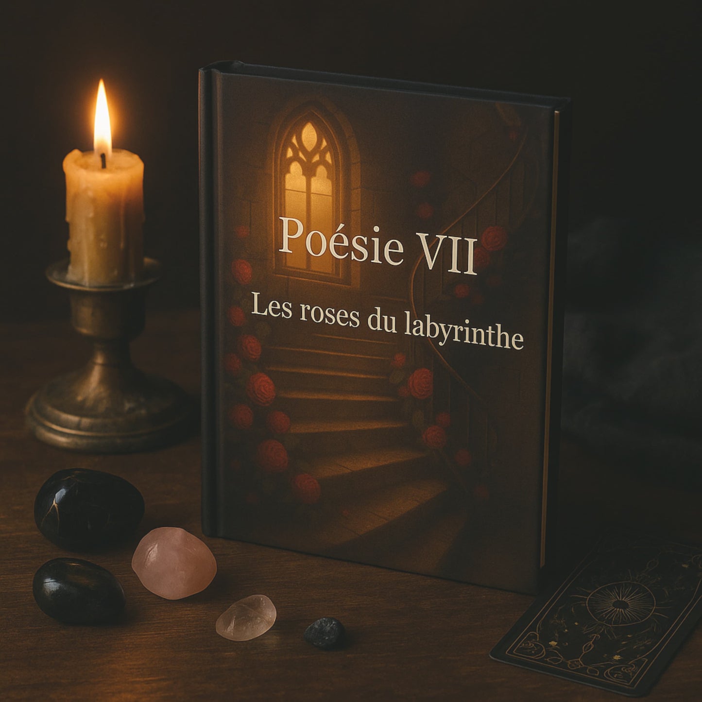 Carnet de poésie Poésie VII Les roses du labyrinthe posé sur une table en bois avec un bougie allumée, des pierres précieuses et une carte de jeu à côté